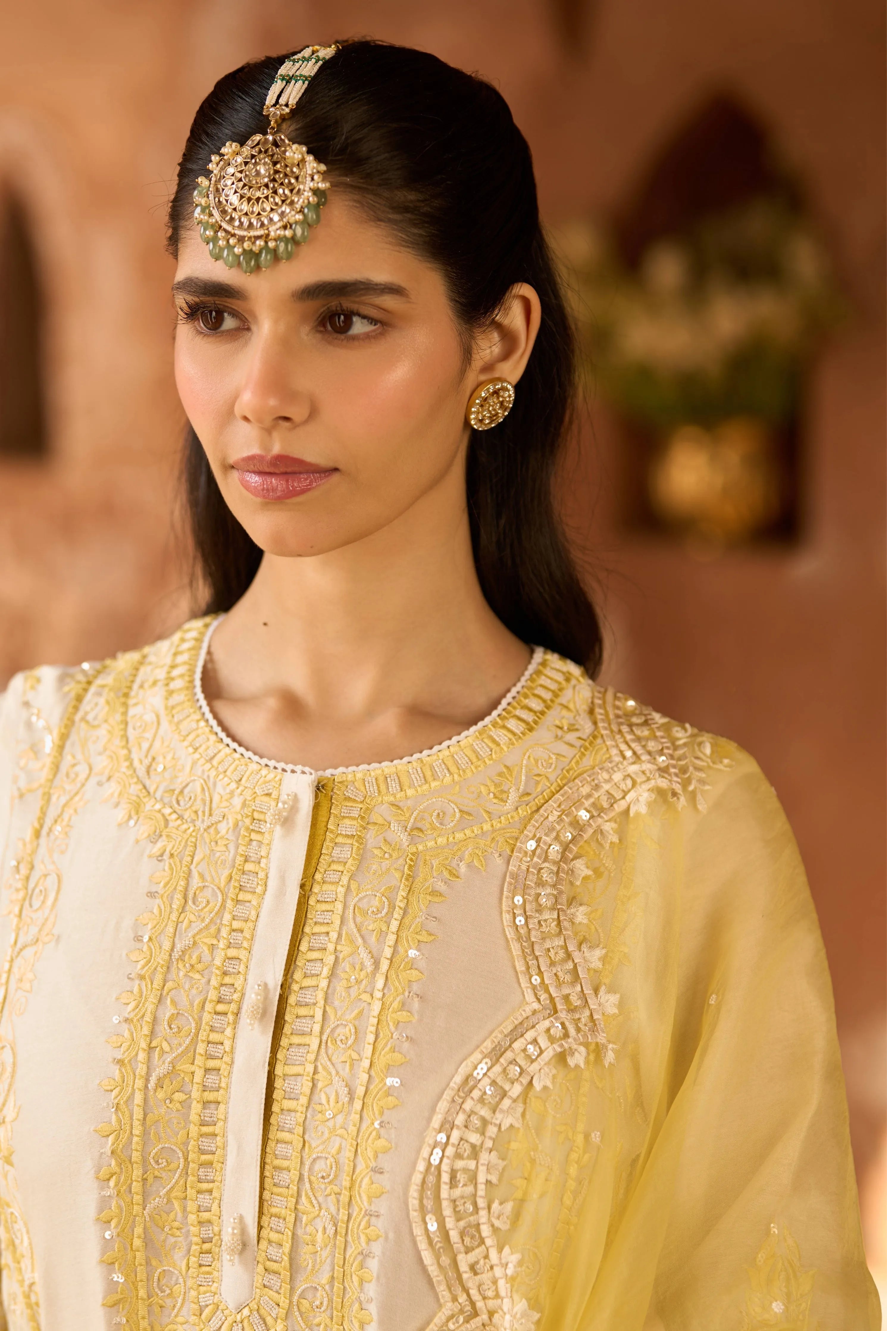 Ena Daisy Ivory & Lemon Yellow Long ALine Kurta Set