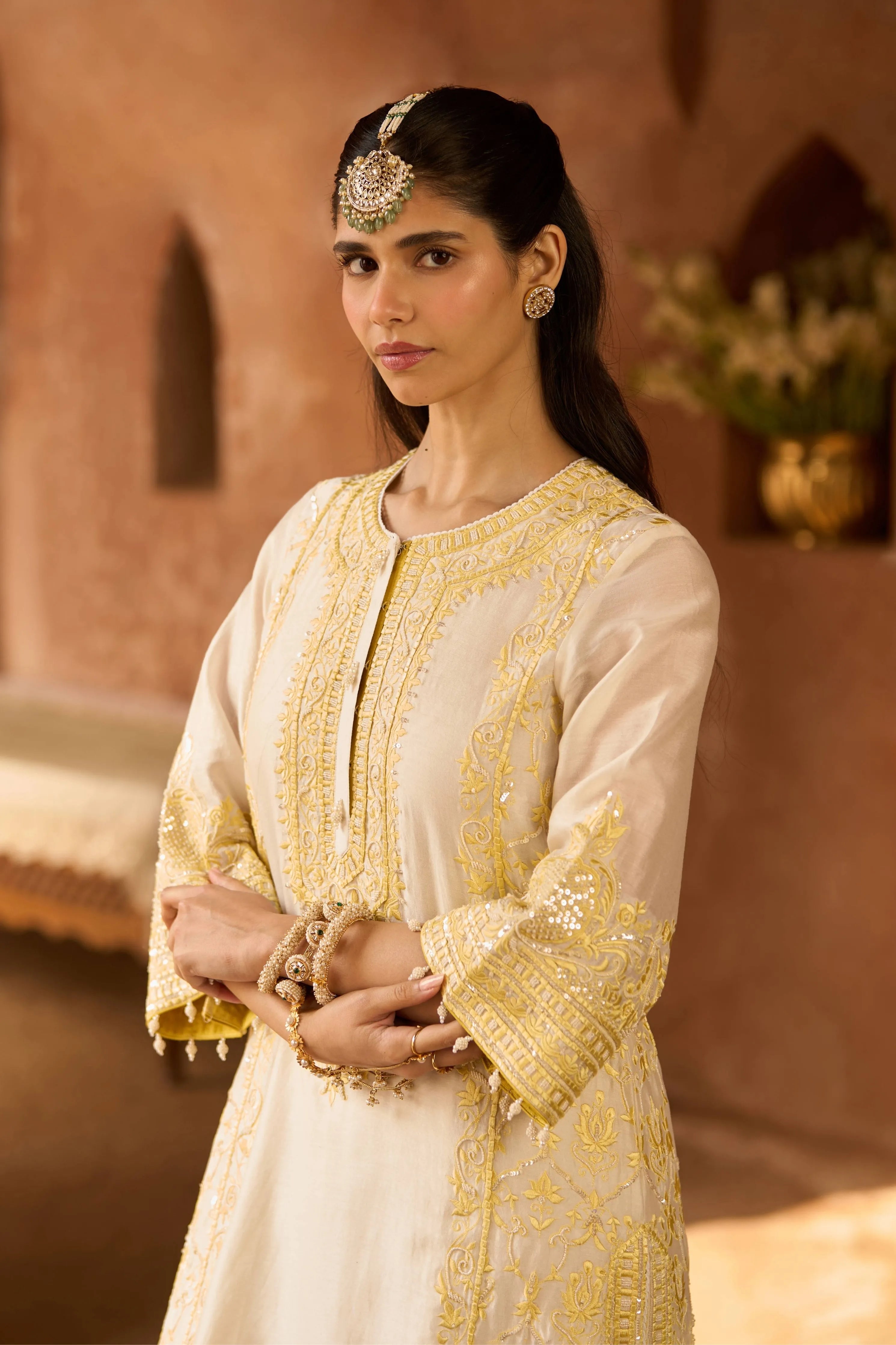 Ena Daisy Ivory & Lemon Yellow Long ALine Kurta Set