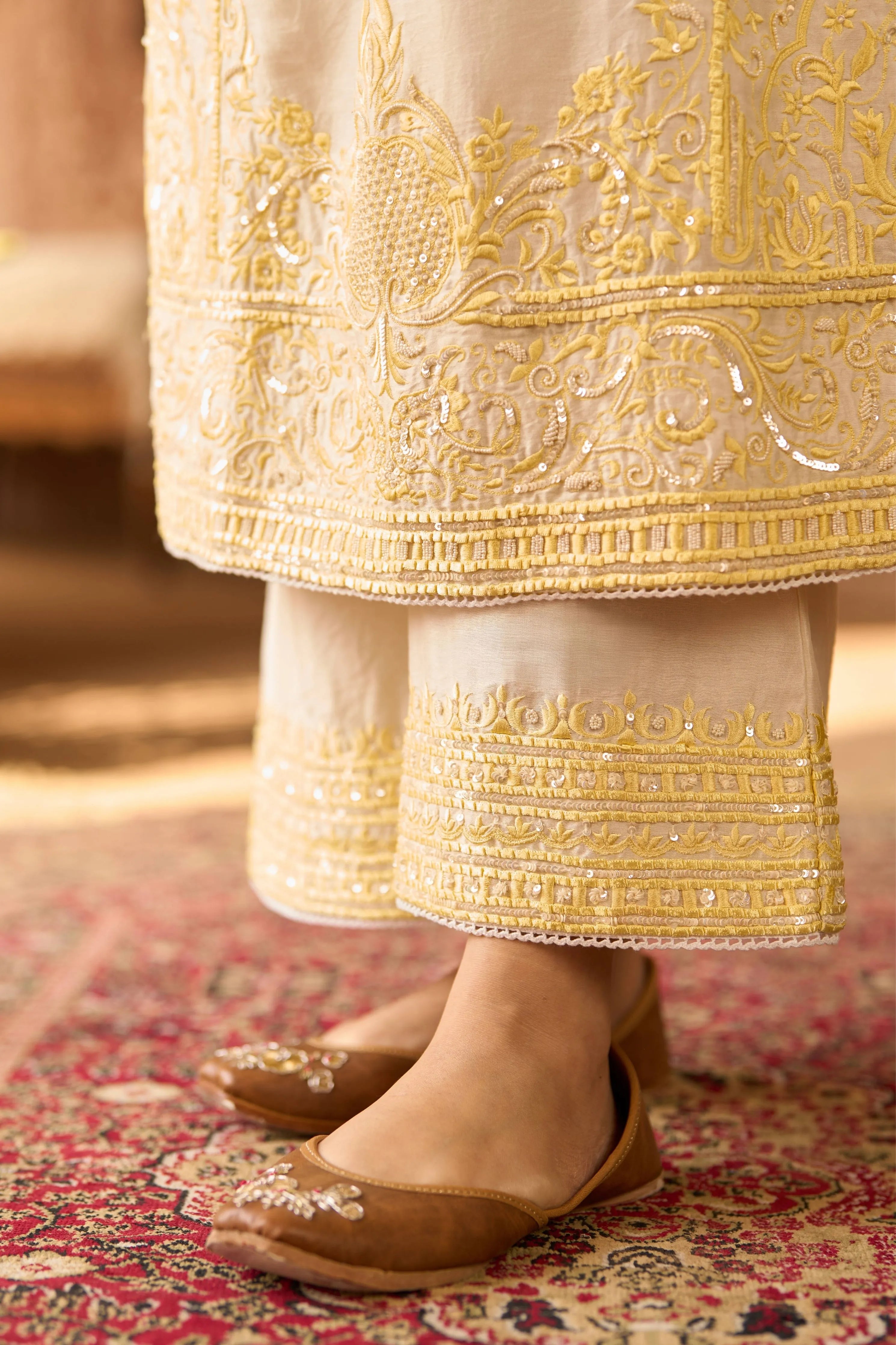 Ena Daisy Ivory & Lemon Yellow Long ALine Kurta Set