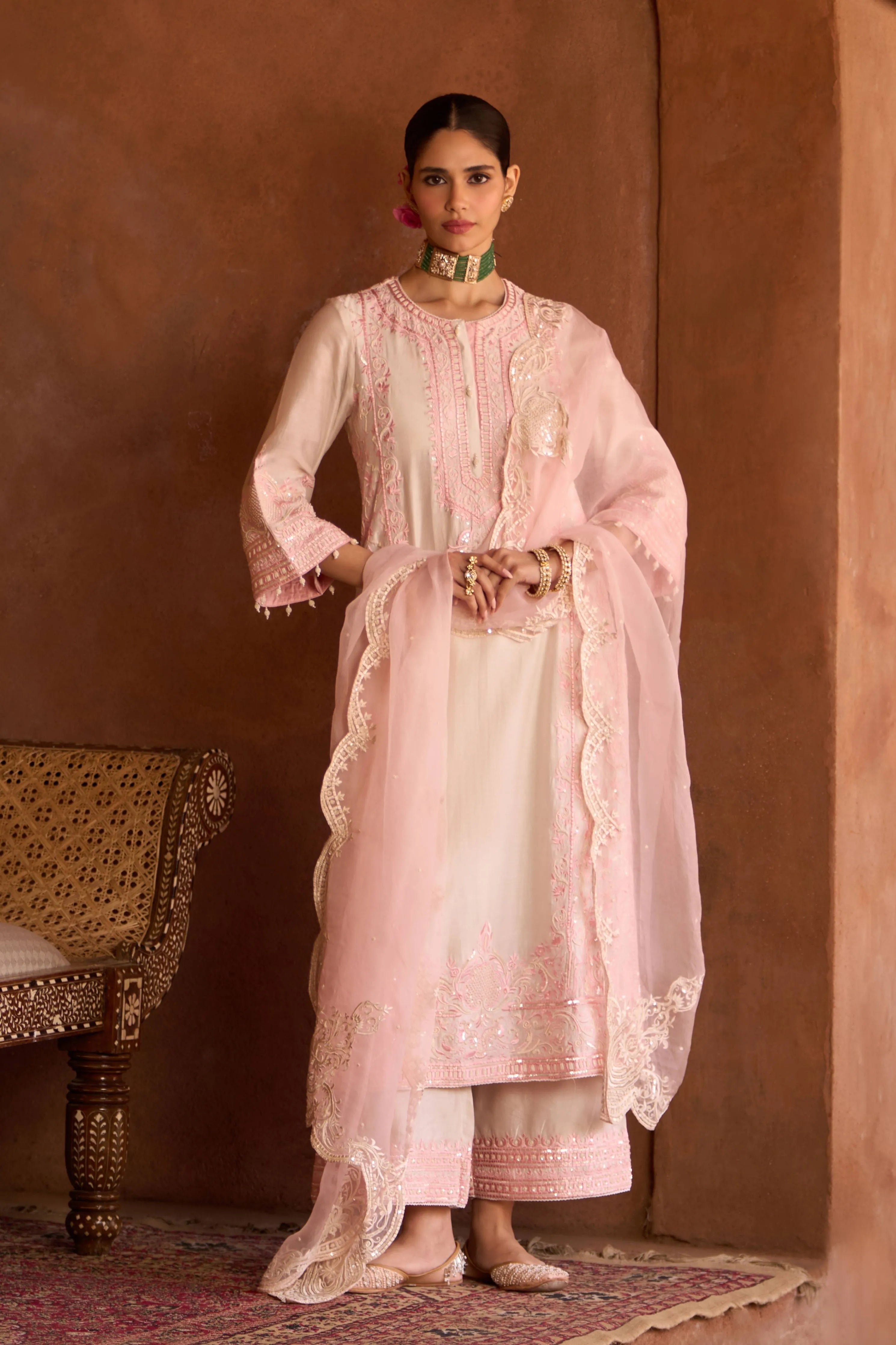 Ena Daisy Ivory & Pink Long ALine Kurta Set
