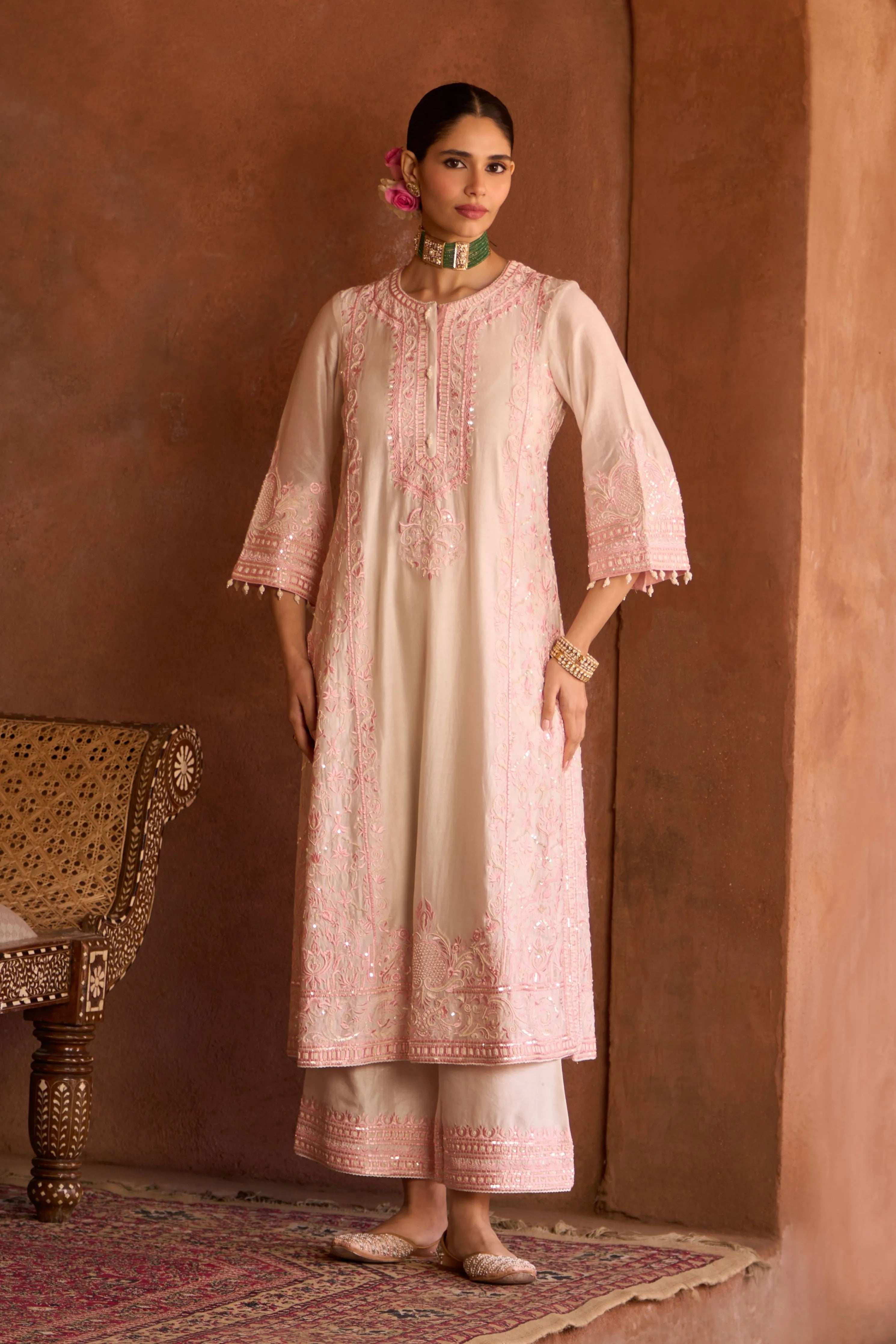 Ena Daisy Ivory & Pink Long ALine Kurta Set