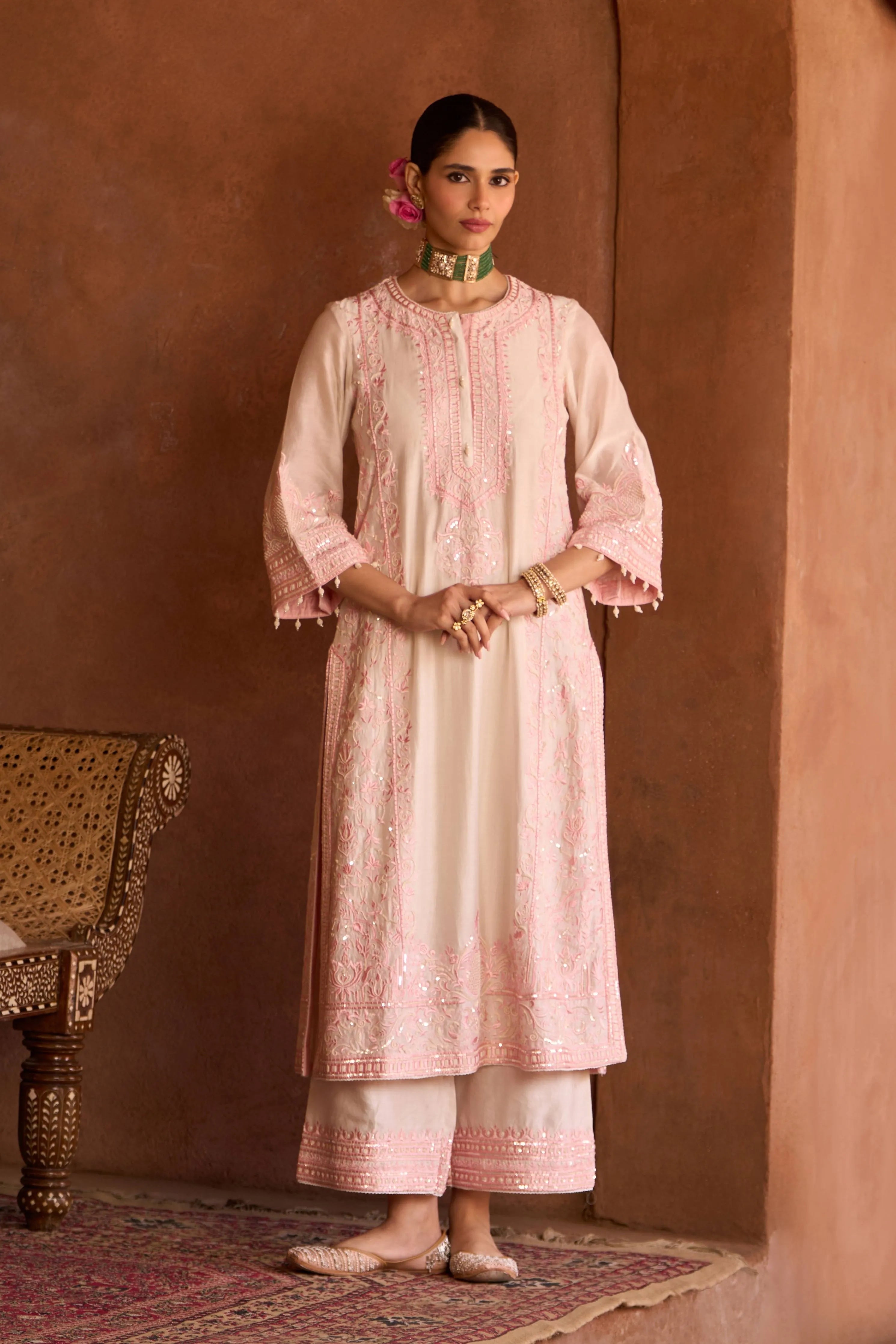 Ena Daisy Ivory & Pink Long ALine Kurta Set
