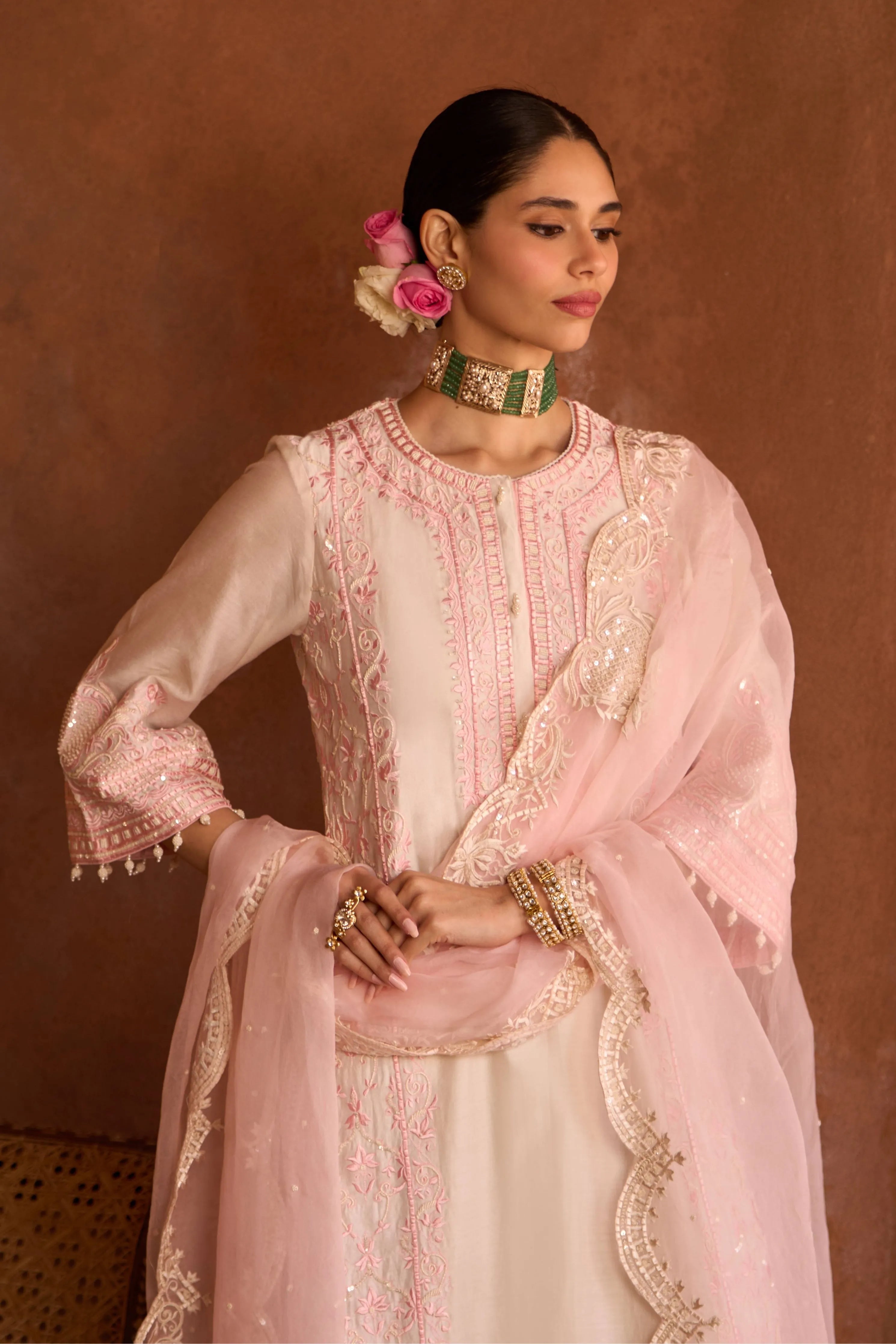 Ena Daisy Ivory & Pink Long ALine Kurta Set