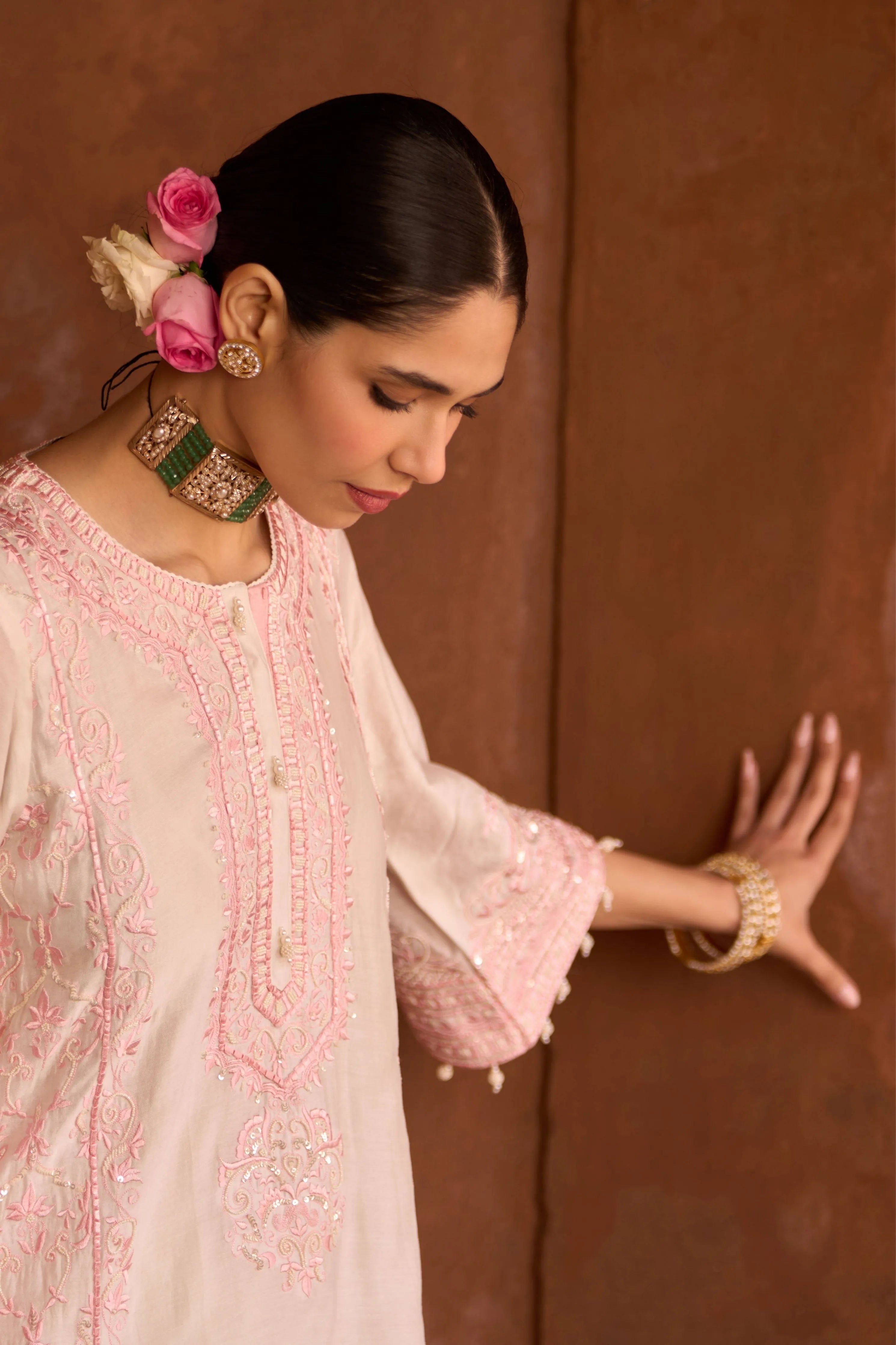 Ena Daisy Ivory & Pink Long ALine Kurta Set