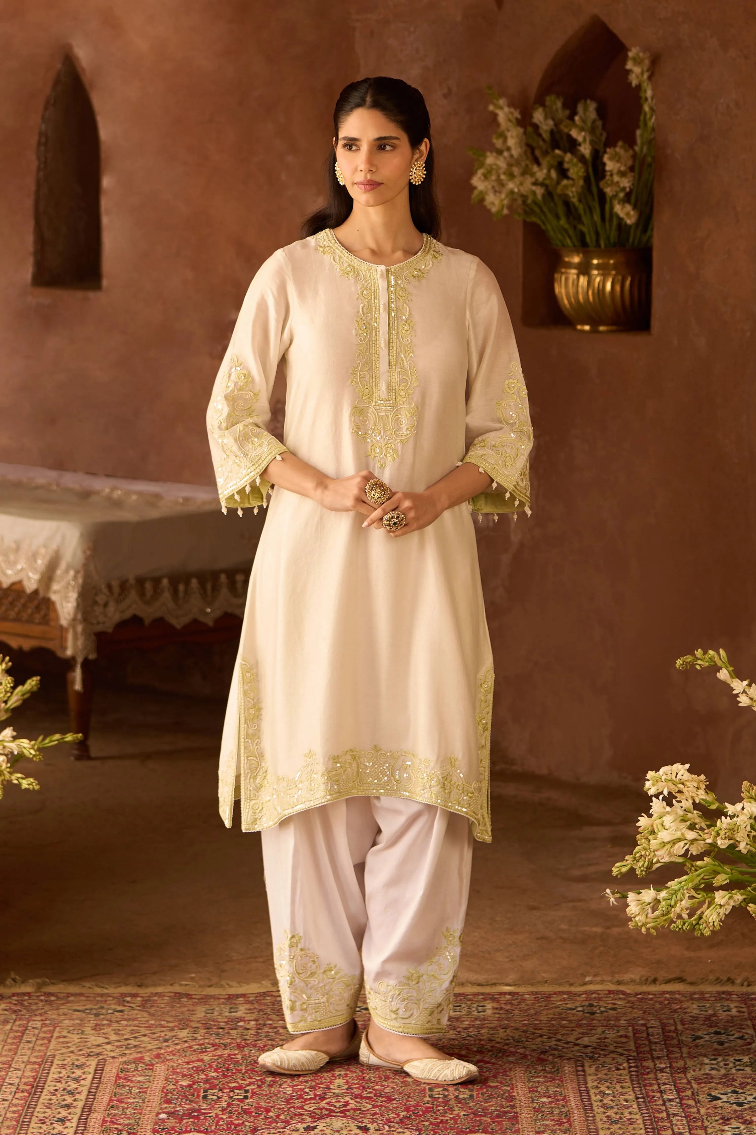 Hani Daisy Ivory & Mint Green A Line Kurta Set