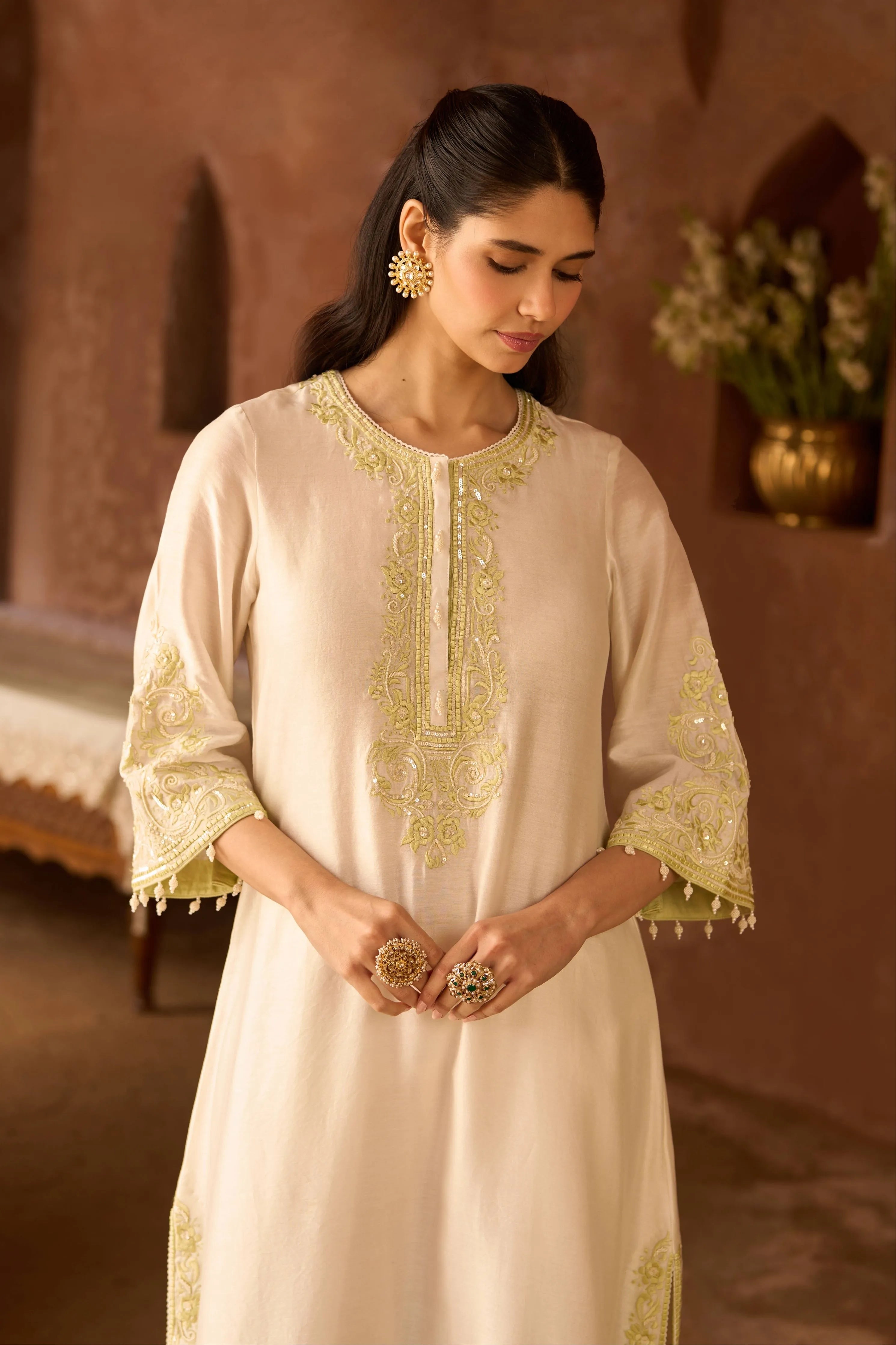 Hani Daisy Ivory & Mint Green A Line Kurta Set