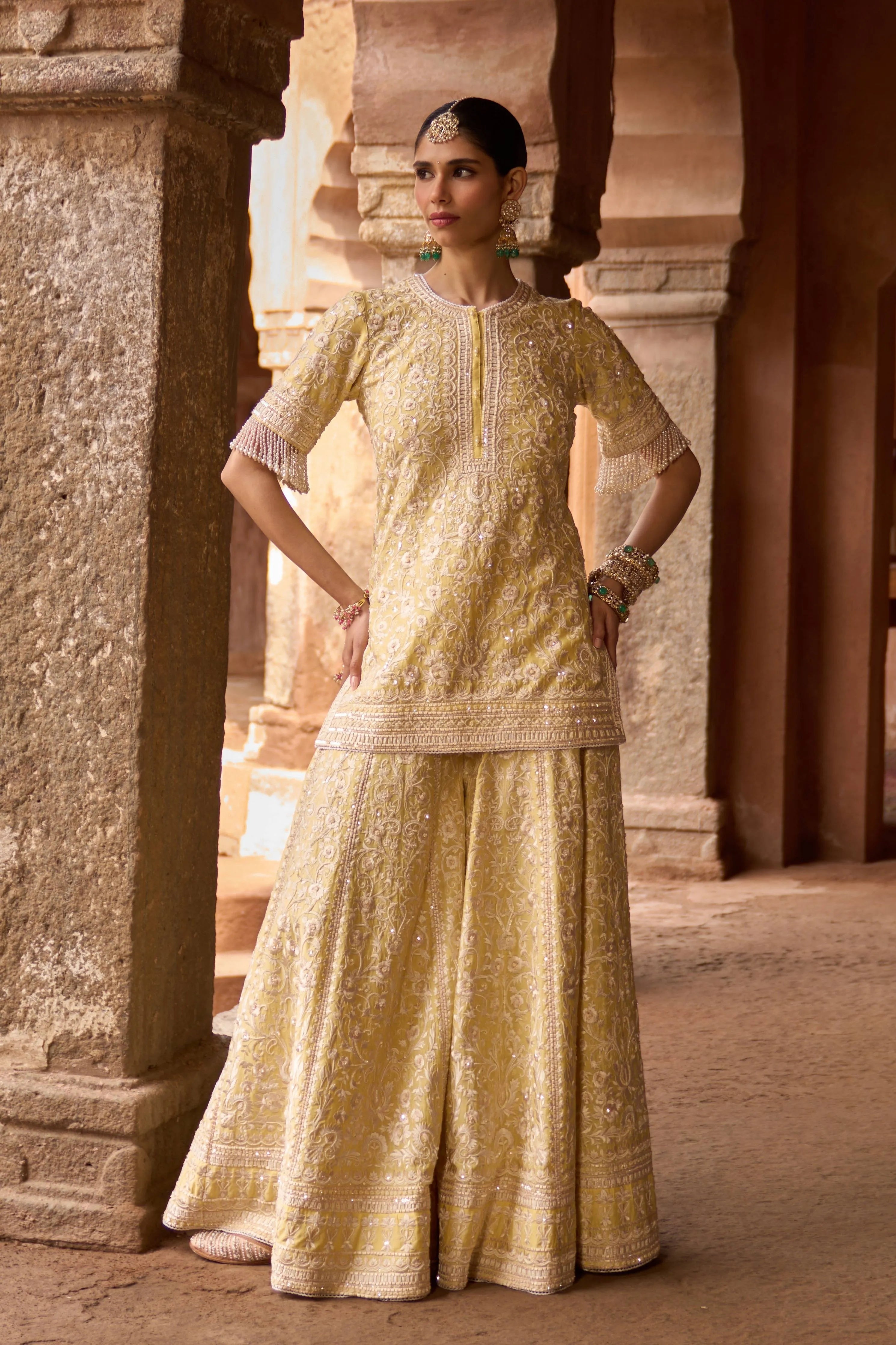 Heer Lemon Yellow Short Sharara Set