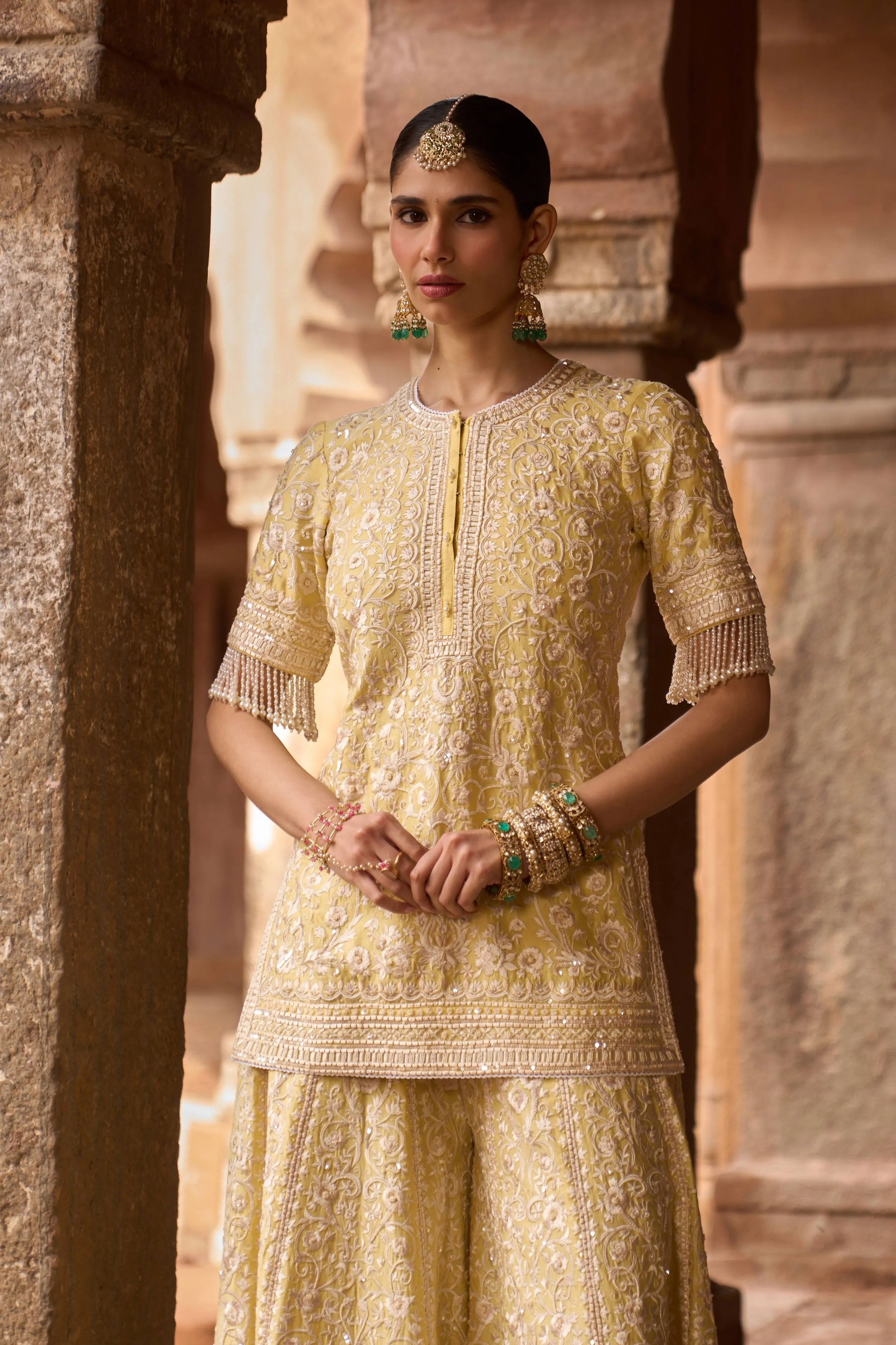 Heer Lemon Yellow Short Sharara Set