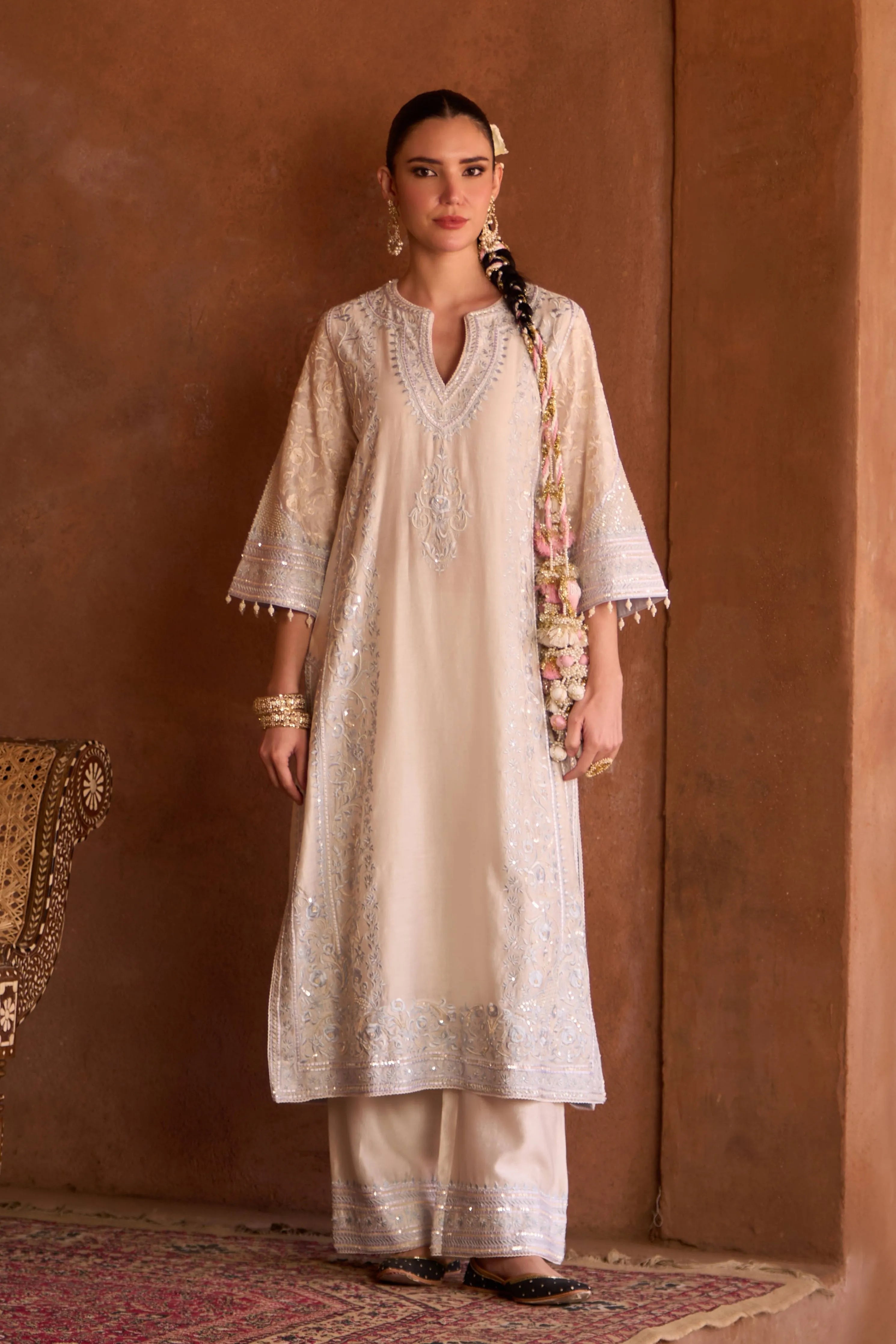 Nurvi Daisy Ivory & Blue Long ALine Kurta Set