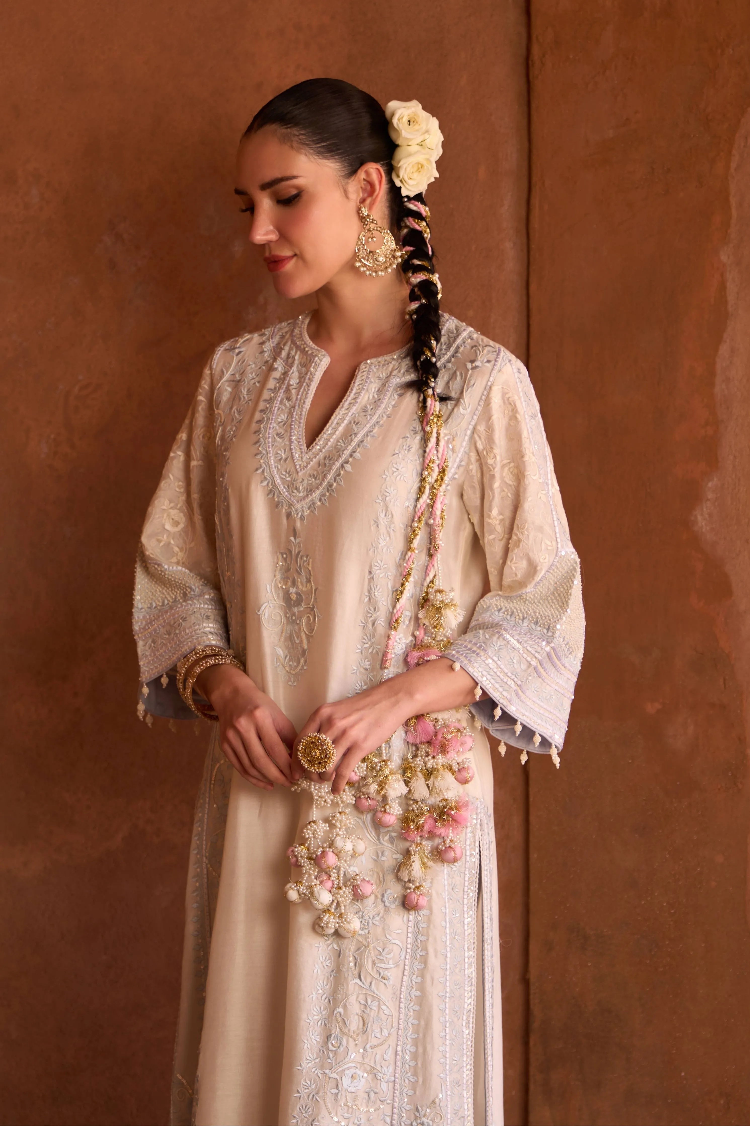 Nurvi Daisy Ivory & Blue Long ALine Kurta Set