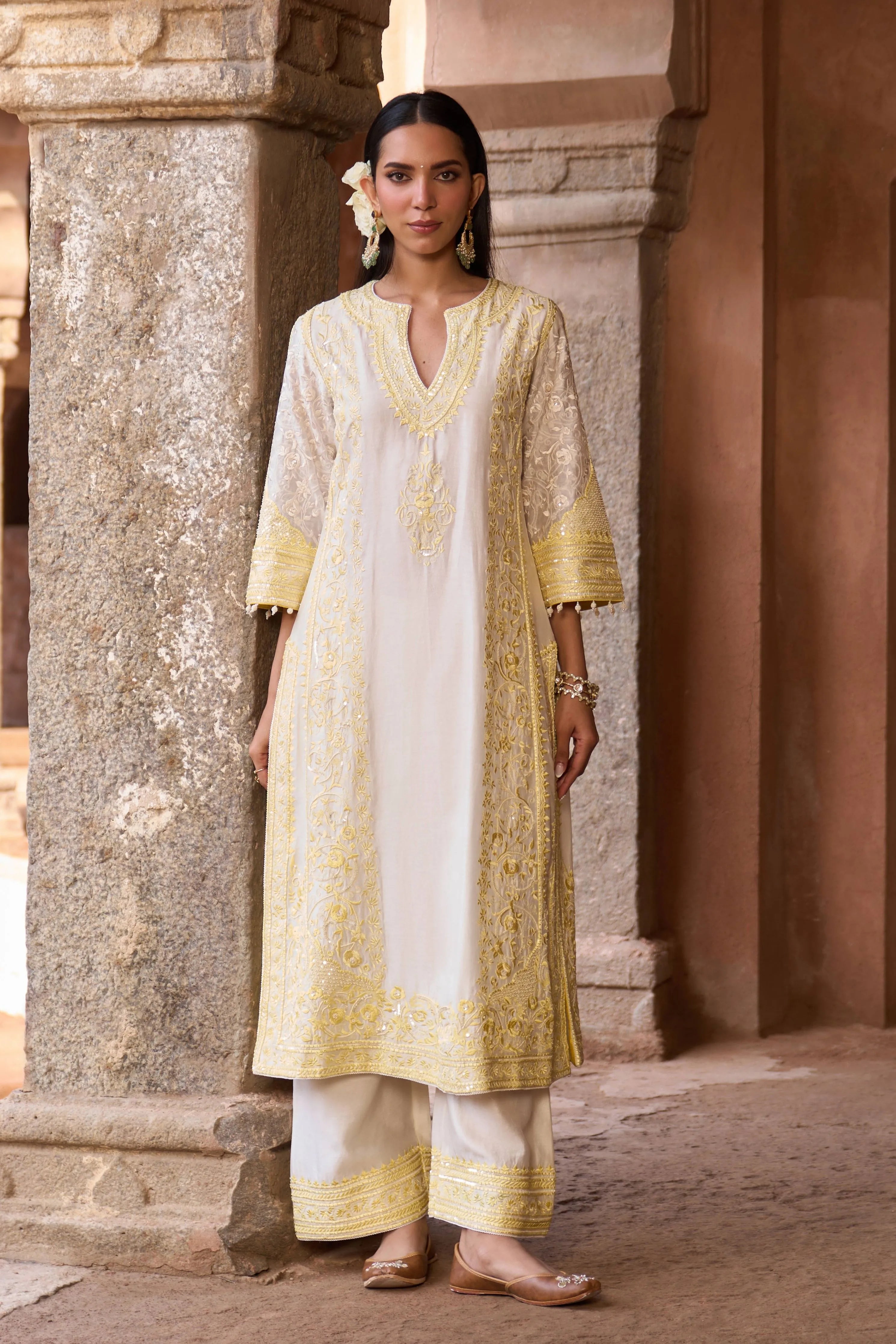 Nurvi Daisy Ivory & Lemon Yellow Long ALine Kurta Set
