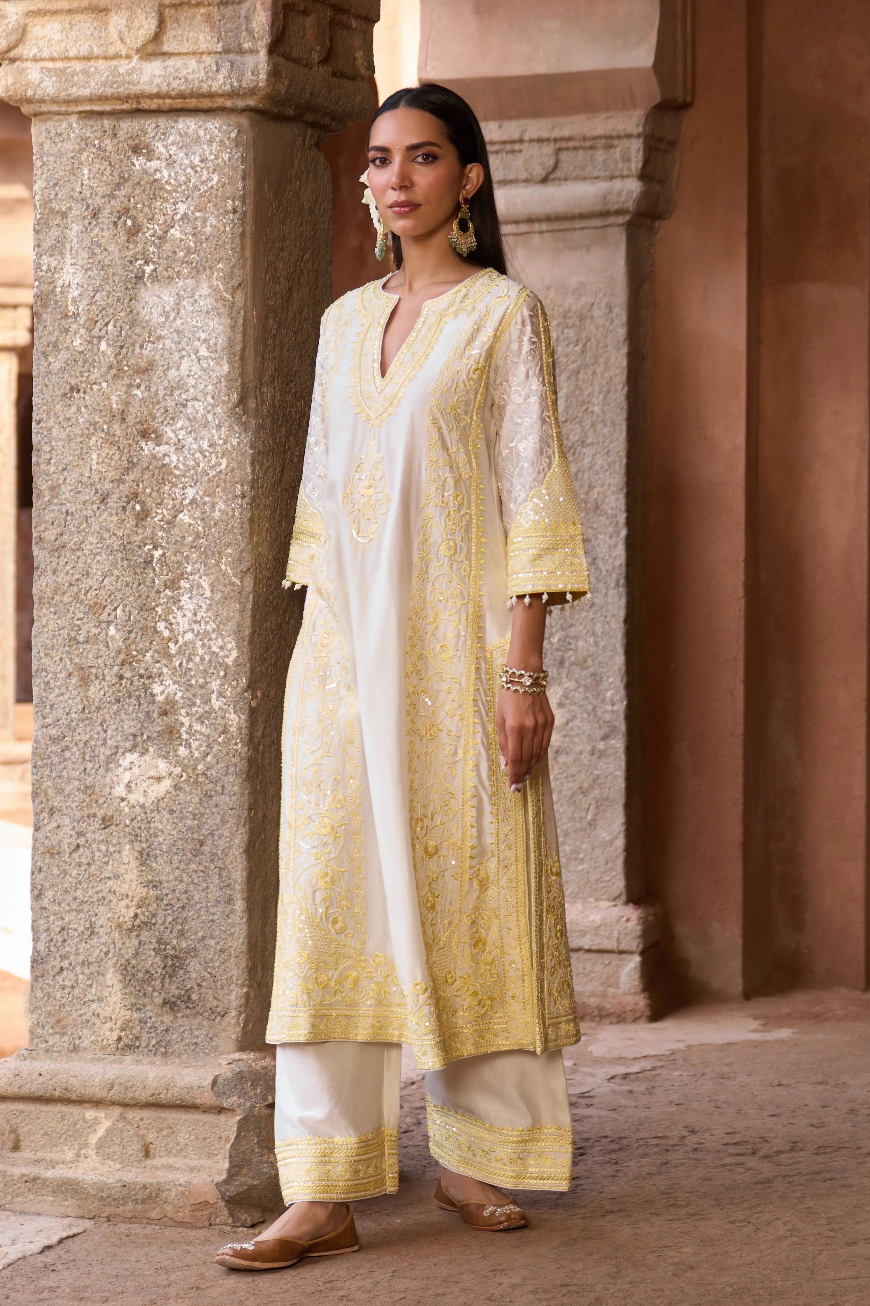 Nurvi Daisy Ivory & Lemon Yellow Long ALine Kurta Set