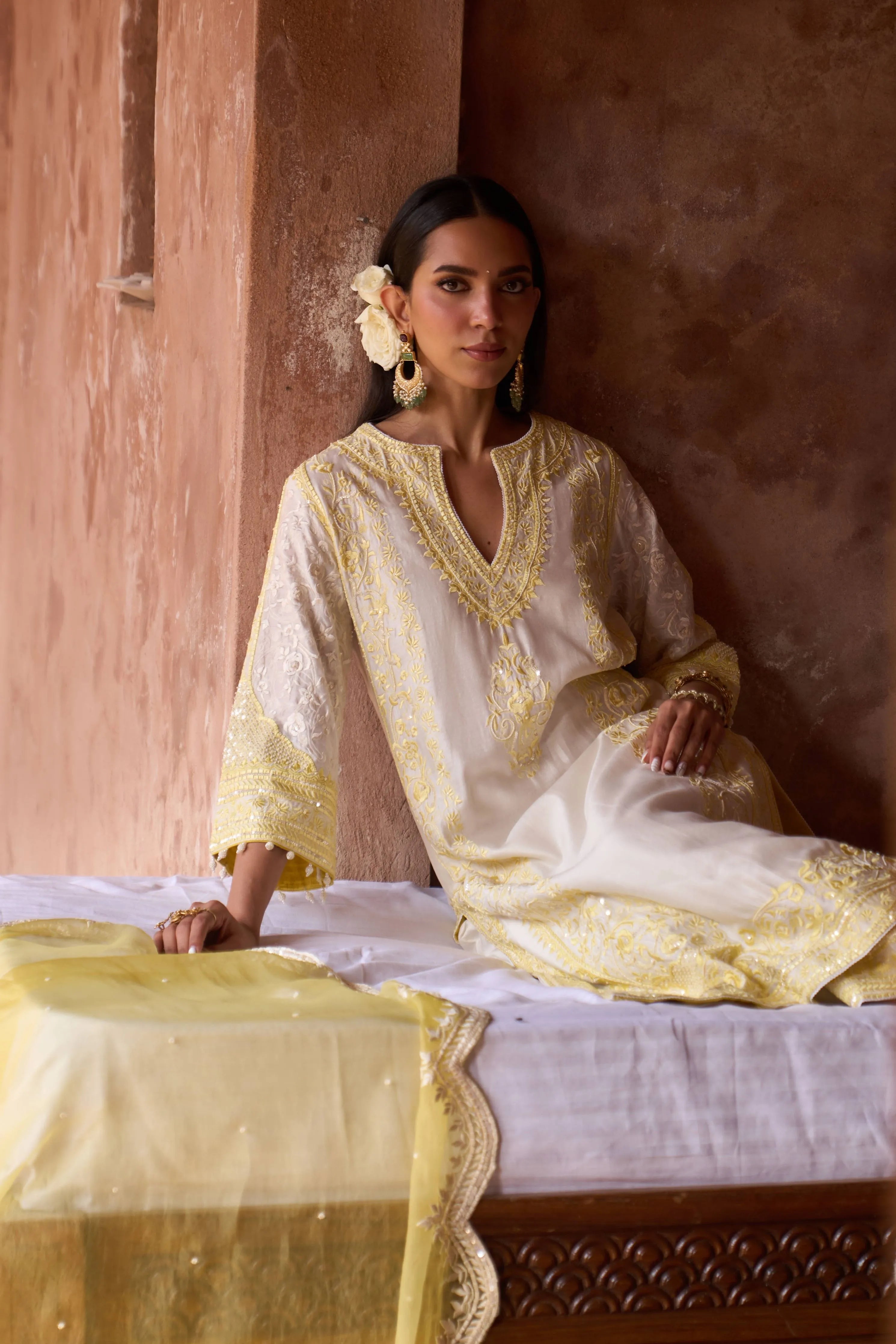 Nurvi Daisy Ivory & Lemon Yellow Long ALine Kurta Set