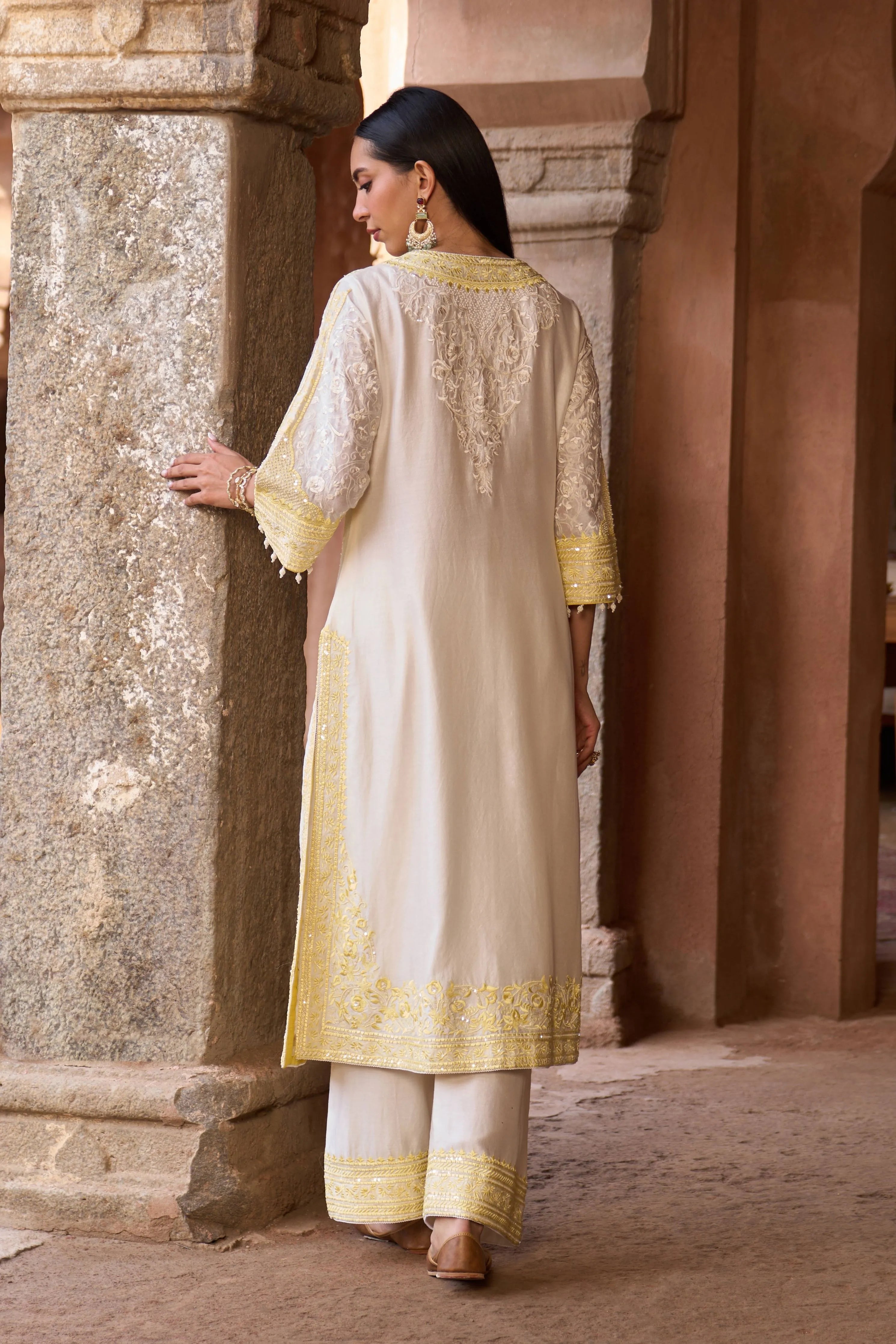 Nurvi Daisy Ivory & Lemon Yellow Long ALine Kurta Set
