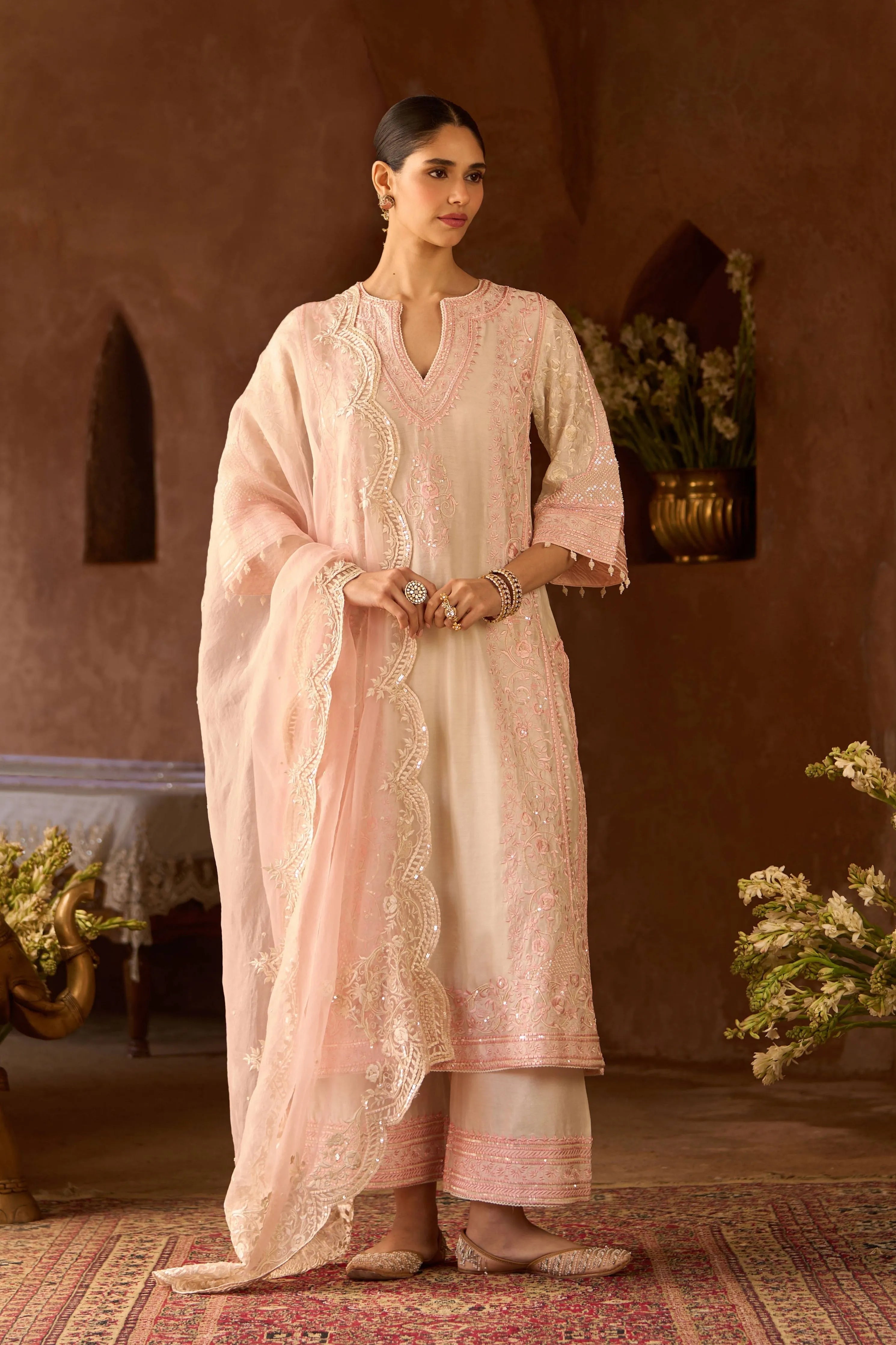 Nurvi Daisy Ivory & Pink Long ALine Kurta Set