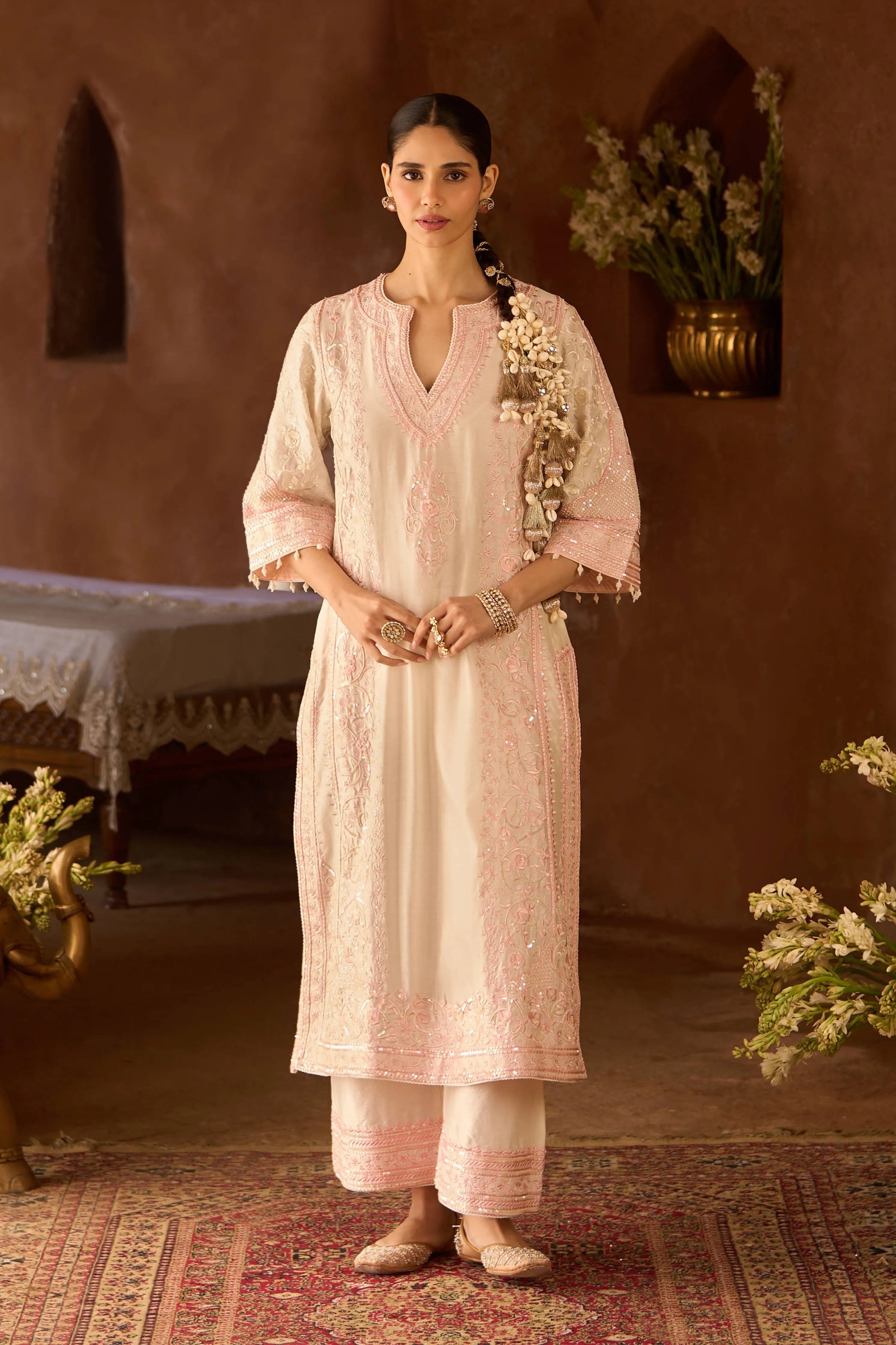 Nurvi Daisy Ivory & Pink Long ALine Kurta Set