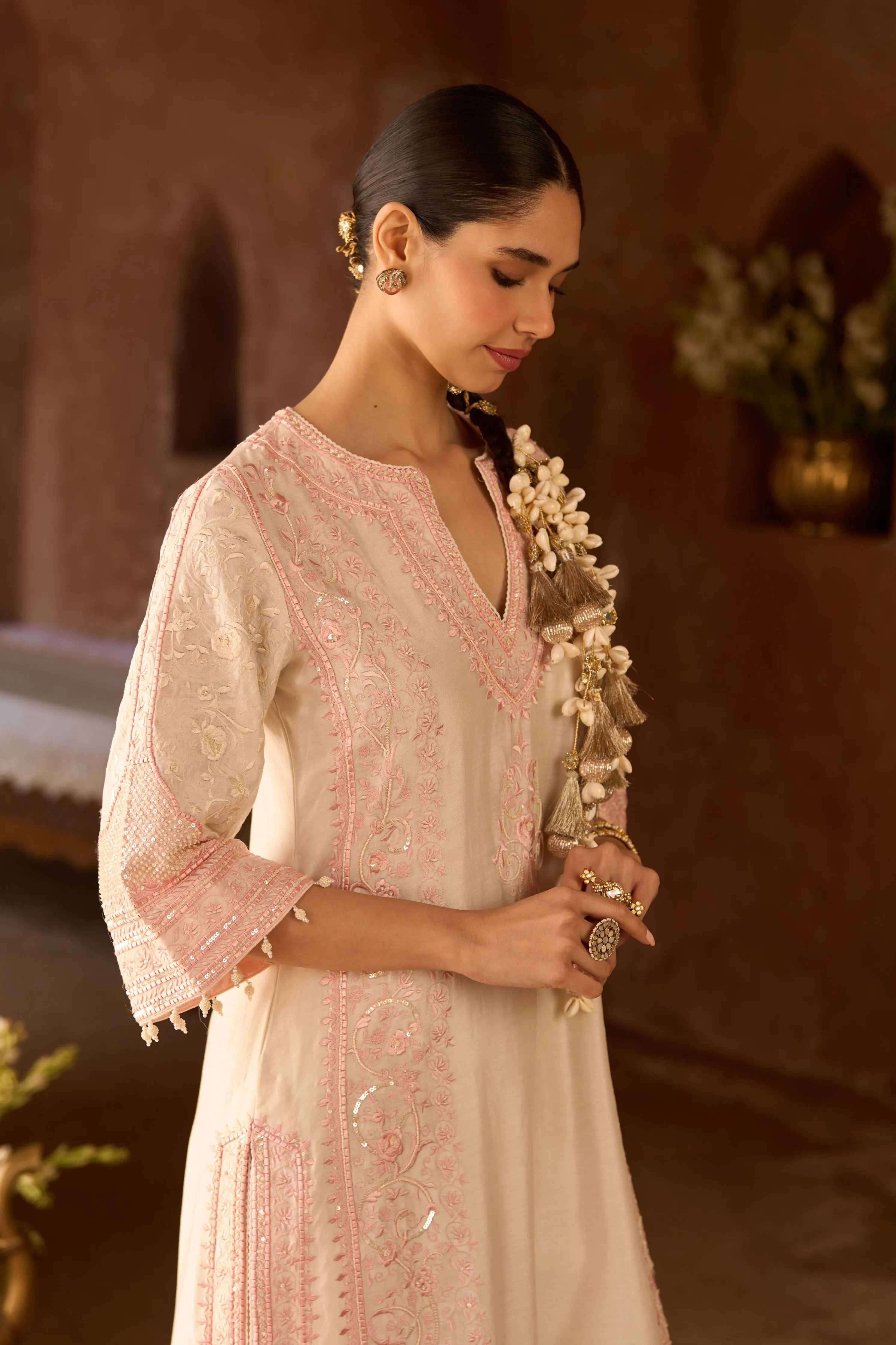 Nurvi Daisy Ivory & Pink Long ALine Kurta Set