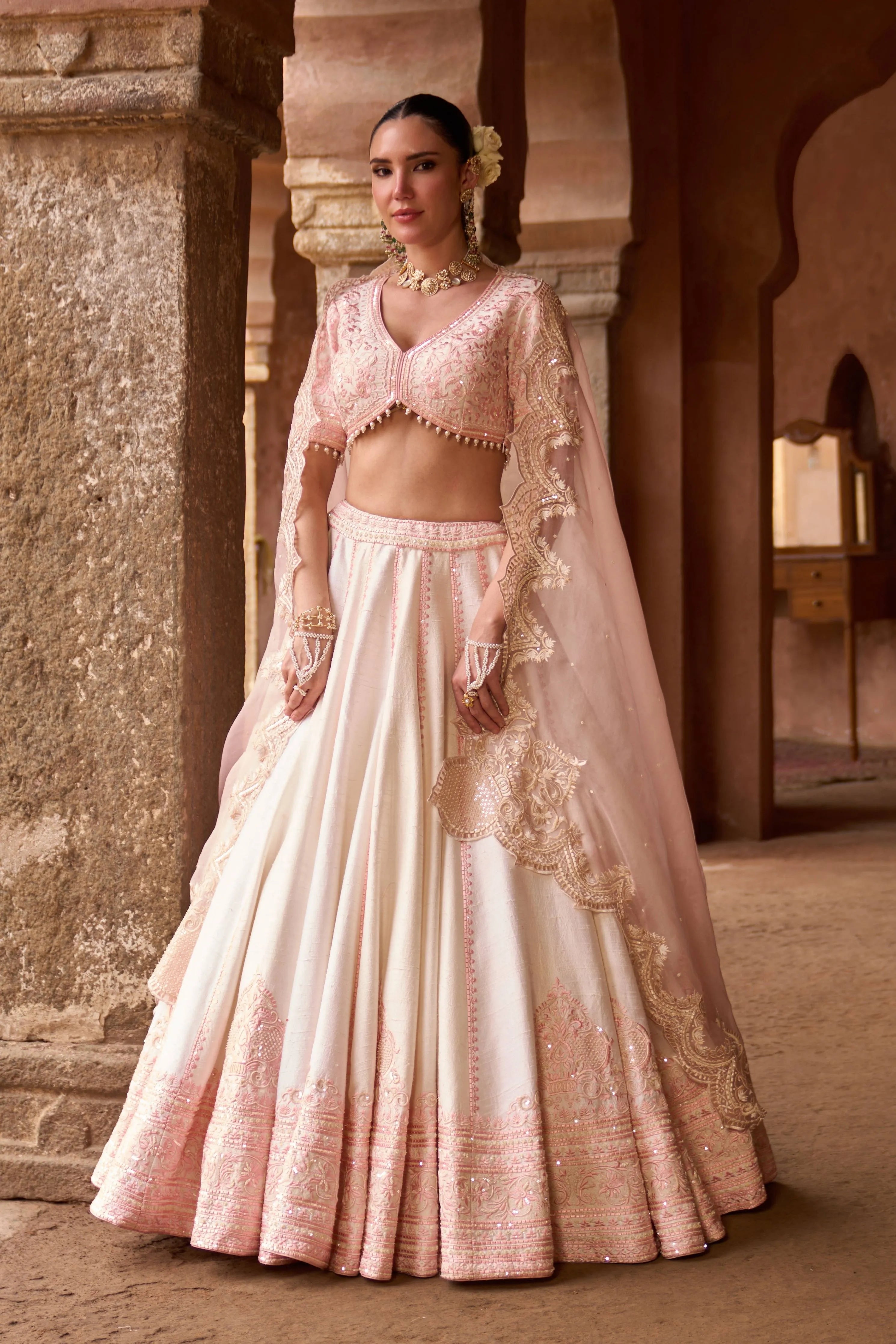 Sayeeda Daisy Ivory & Pink Embroidered Lehenga Set