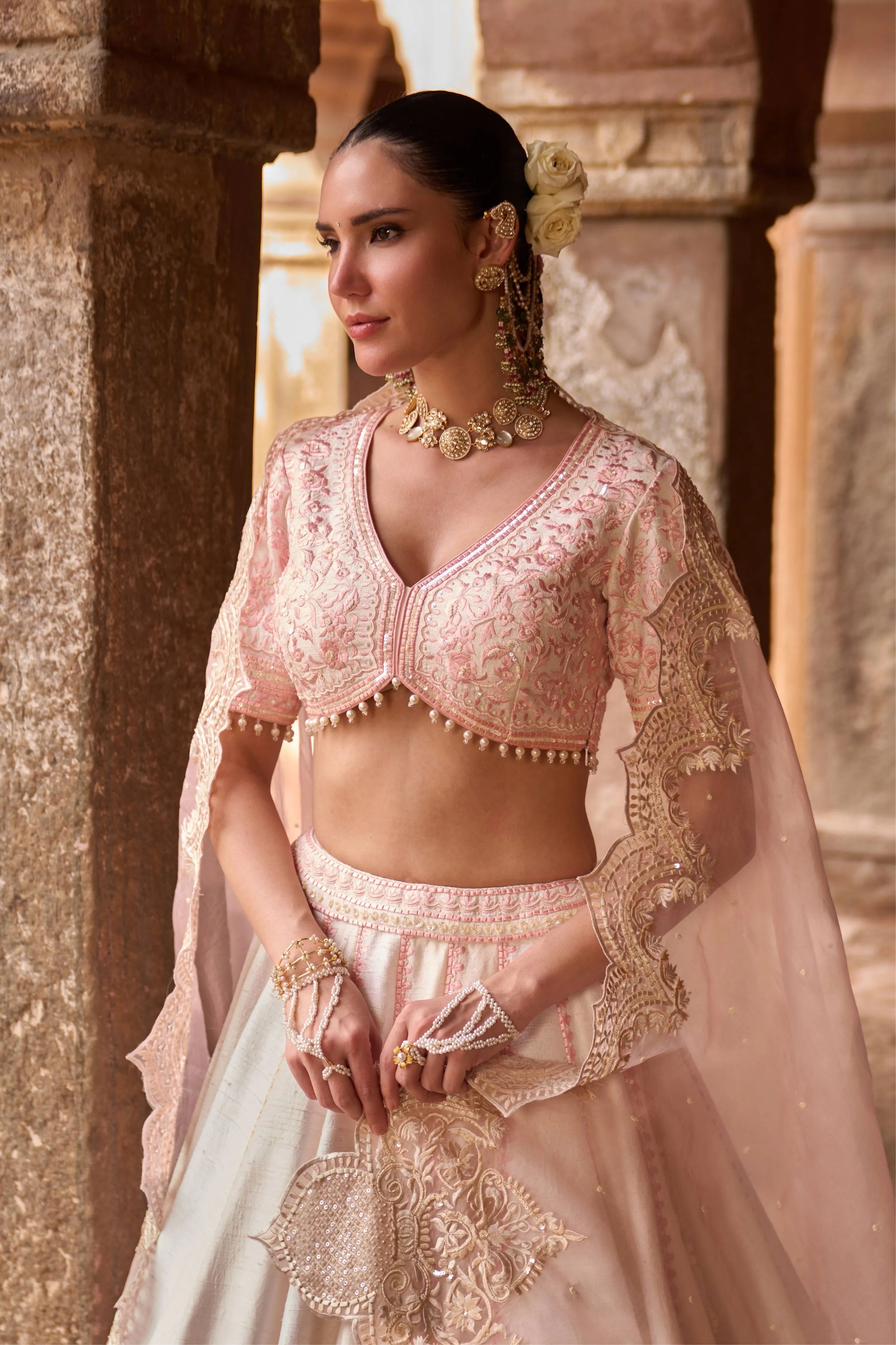 Sayeeda Daisy Ivory & Pink Embroidered Lehenga Set