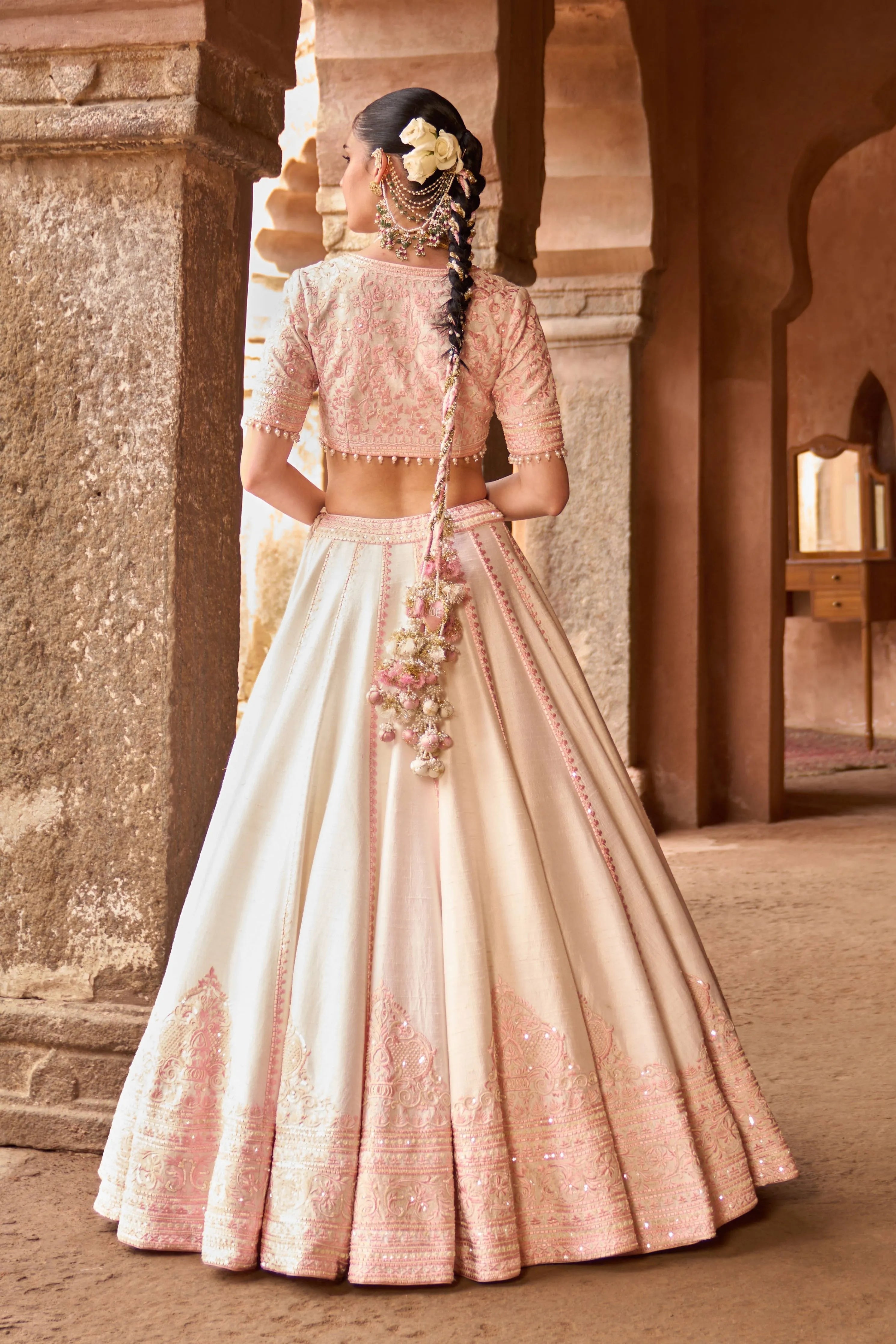 Sayeeda Daisy Ivory & Pink Embroidered Lehenga Set