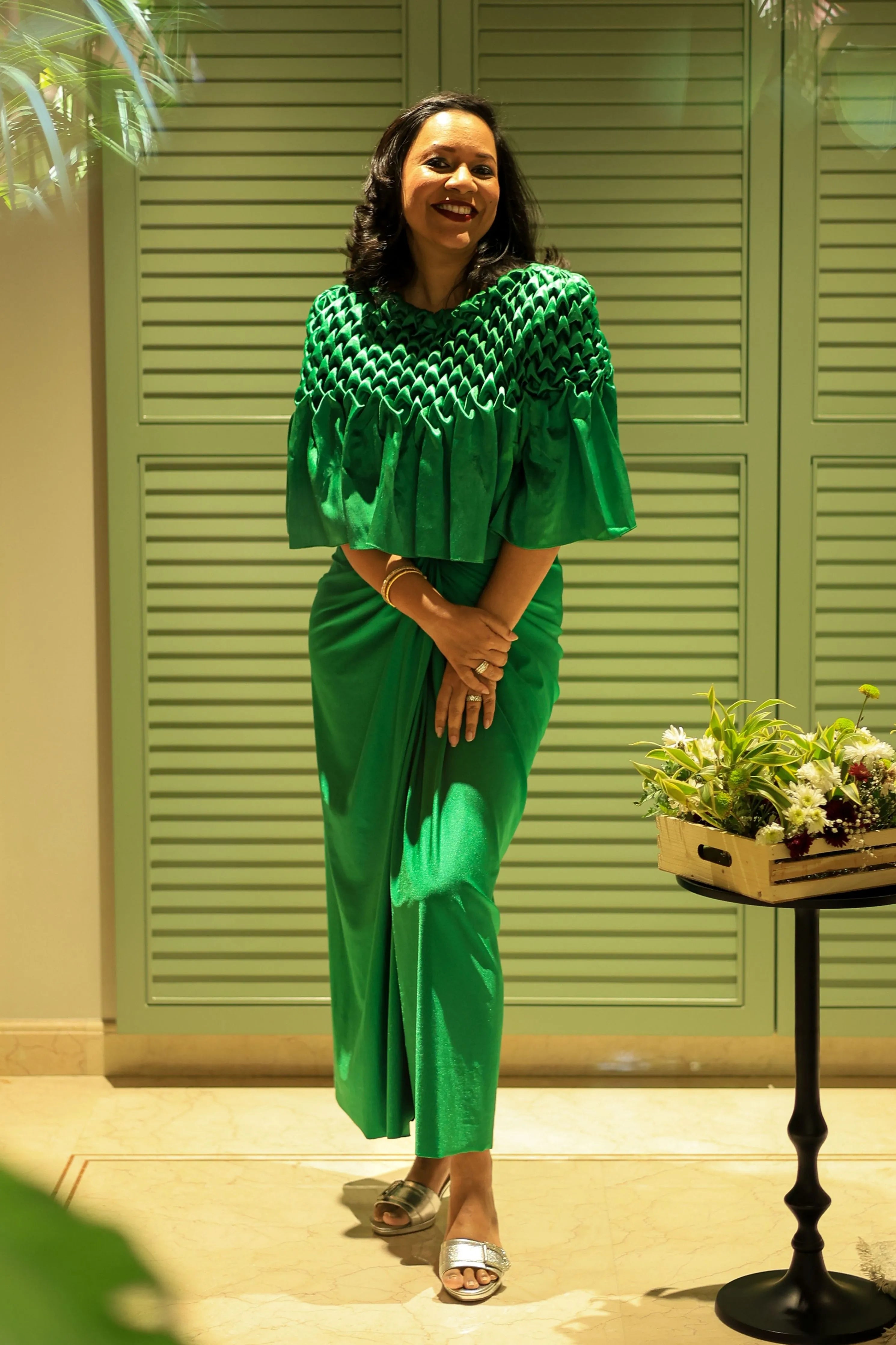 Dahlia Smocked Montone cape with ruched skirt