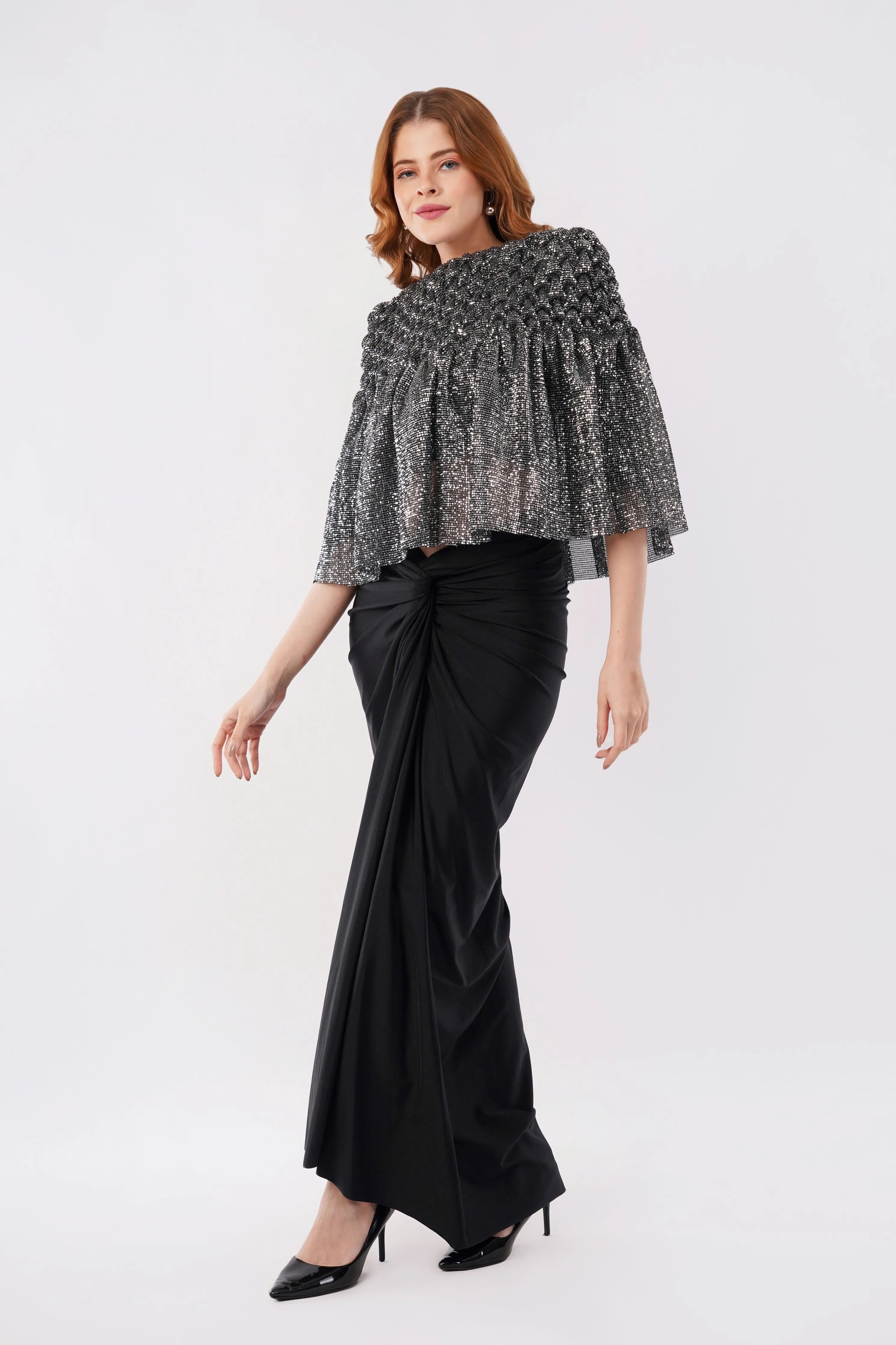 Juliette Shimmer smocked cape with skirt
