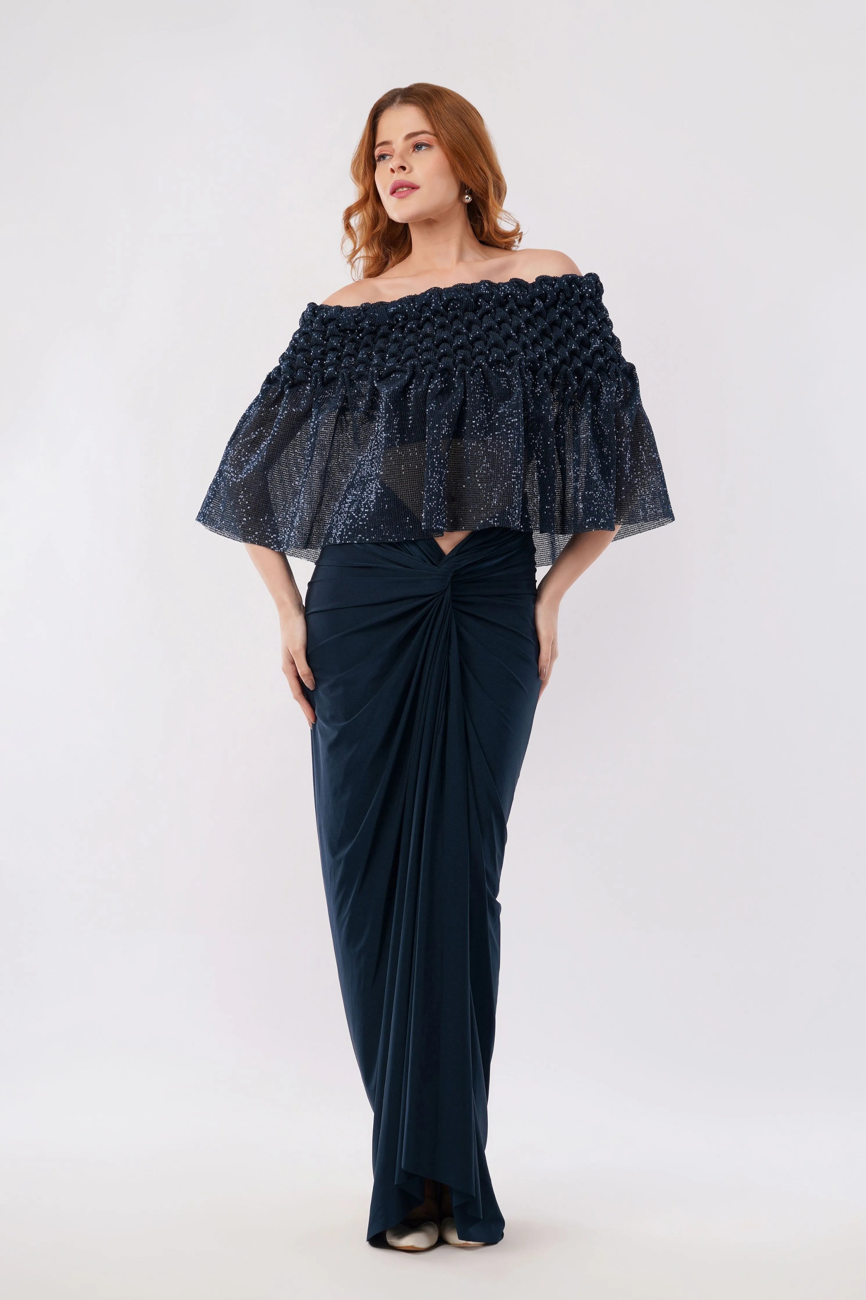 Jasmine off-shoulder smocked cape Set