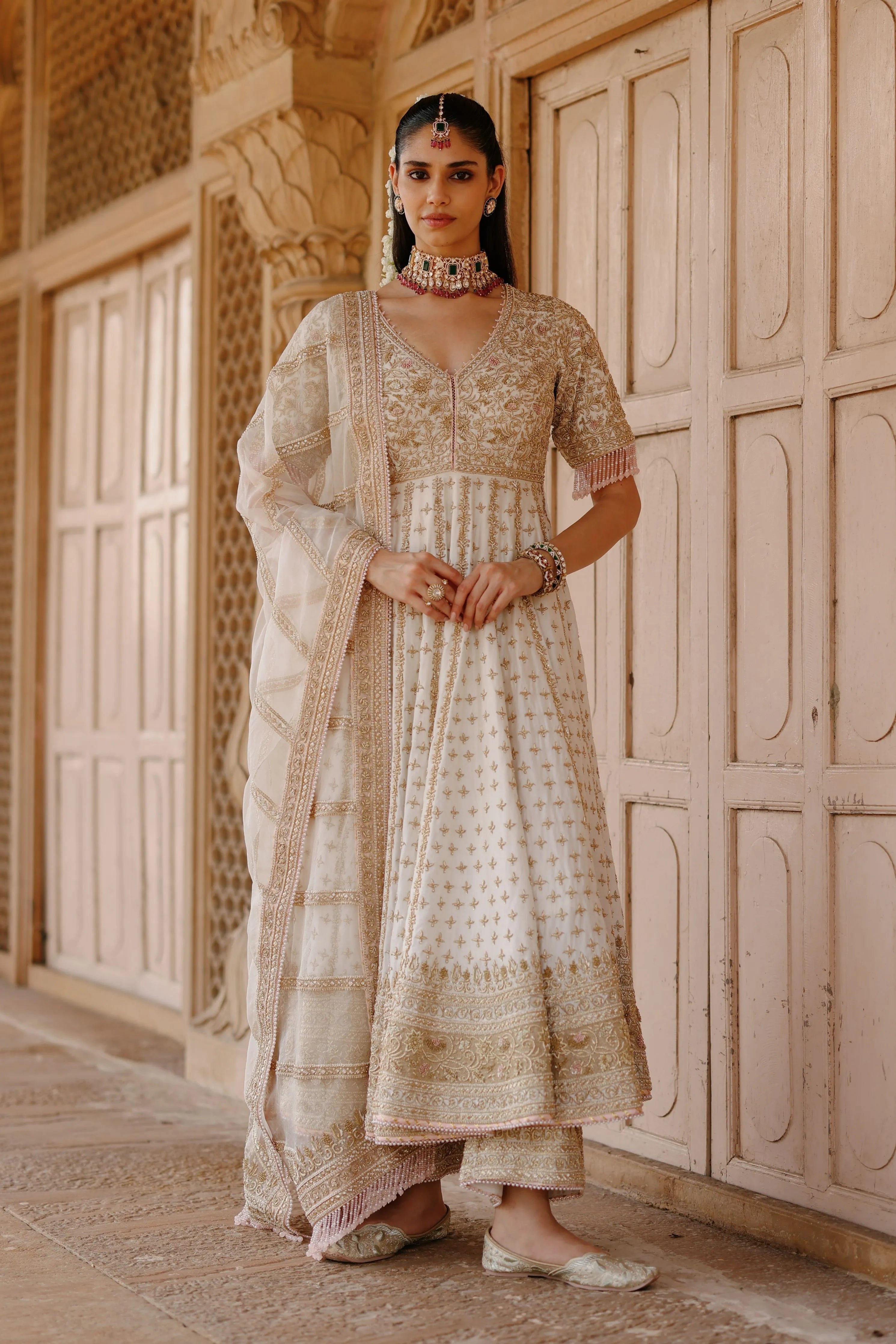 Nafees Daisy Ivory Kalidaar Anarkali Set with Palazzo & Dupatta