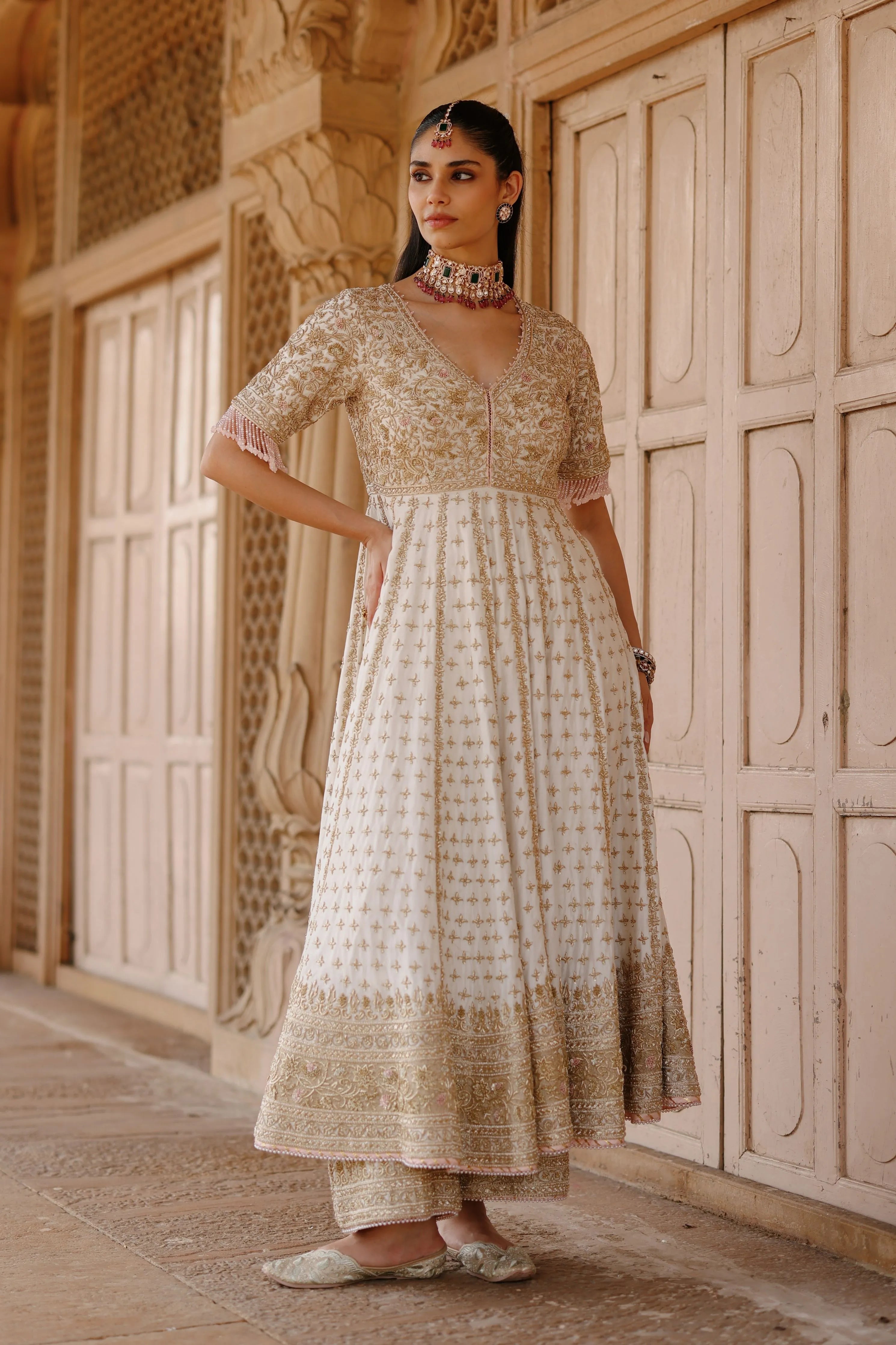 Nafees Daisy Ivory Kalidaar Anarkali Set with Palazzo & Dupatta