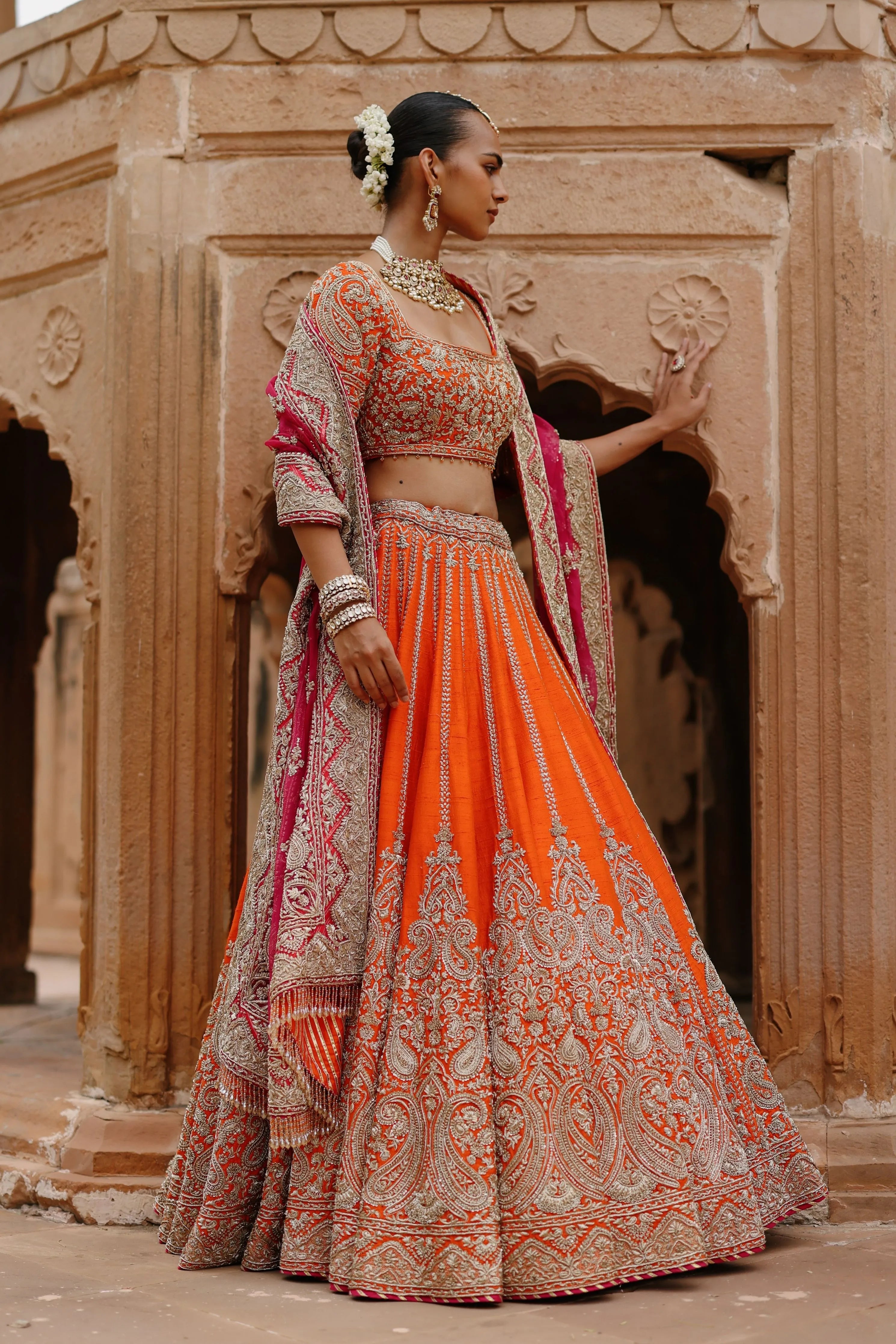Nagma Orange Lehenga Set with Blouse & Hot Pink Dupatta