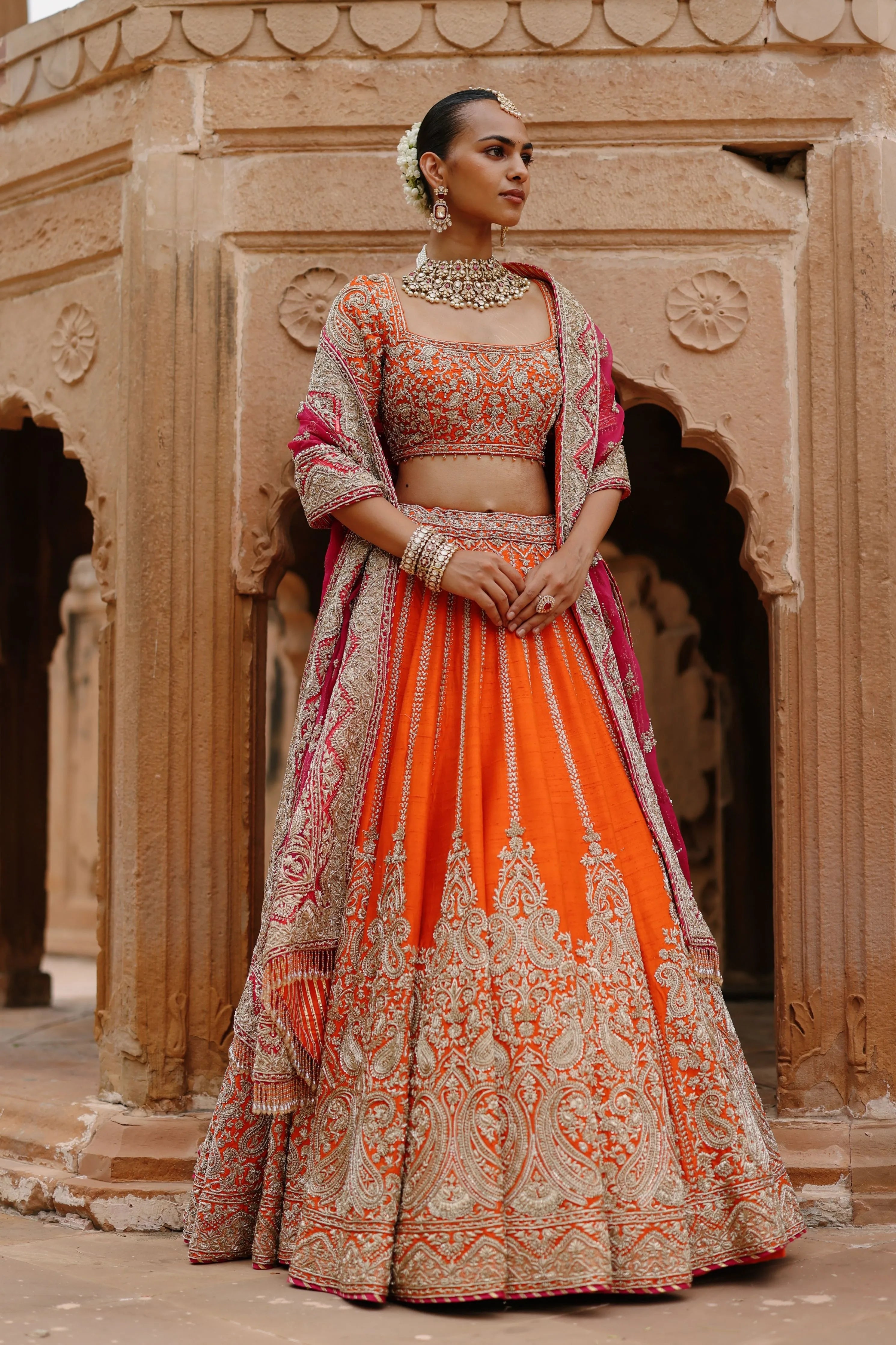 Nagma Orange Lehenga Set with Blouse & Hot Pink Dupatta