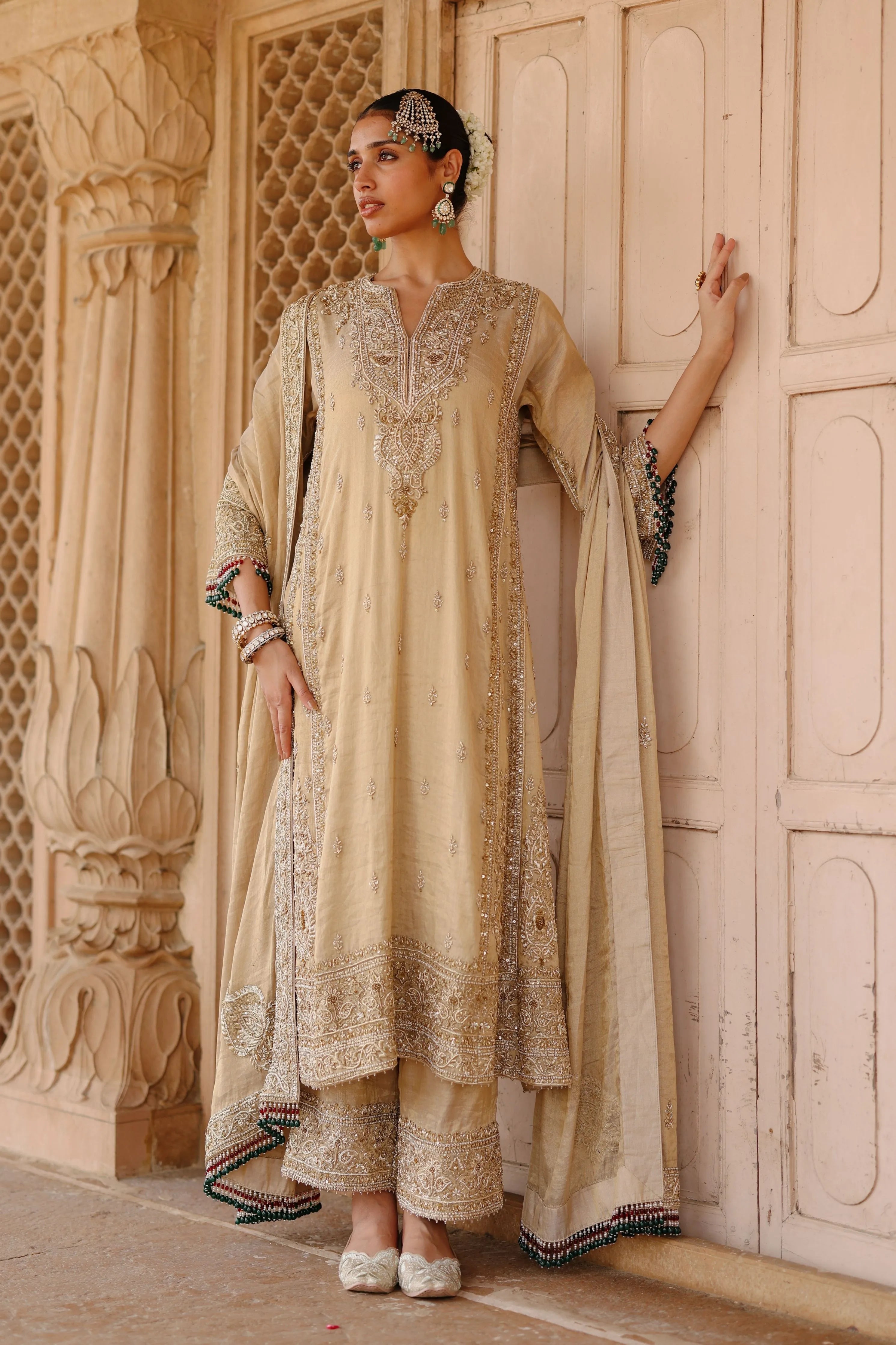 Nazaara Gold Tissue Long Kalidaar Chauga Set with Palazzo & Dupatta