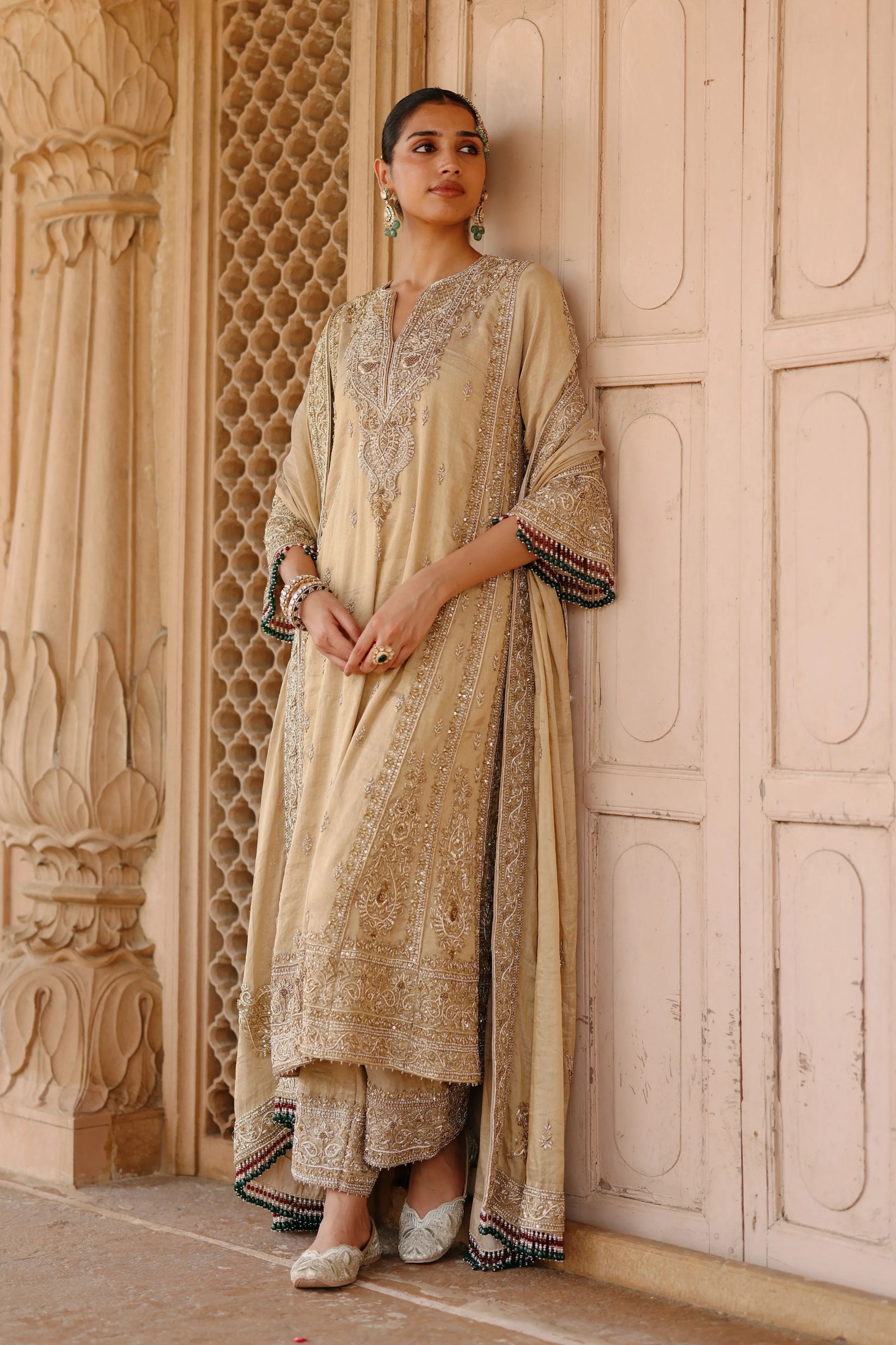 Nazaara Gold Tissue Long Kalidaar Chauga Set with Palazzo & Dupatta