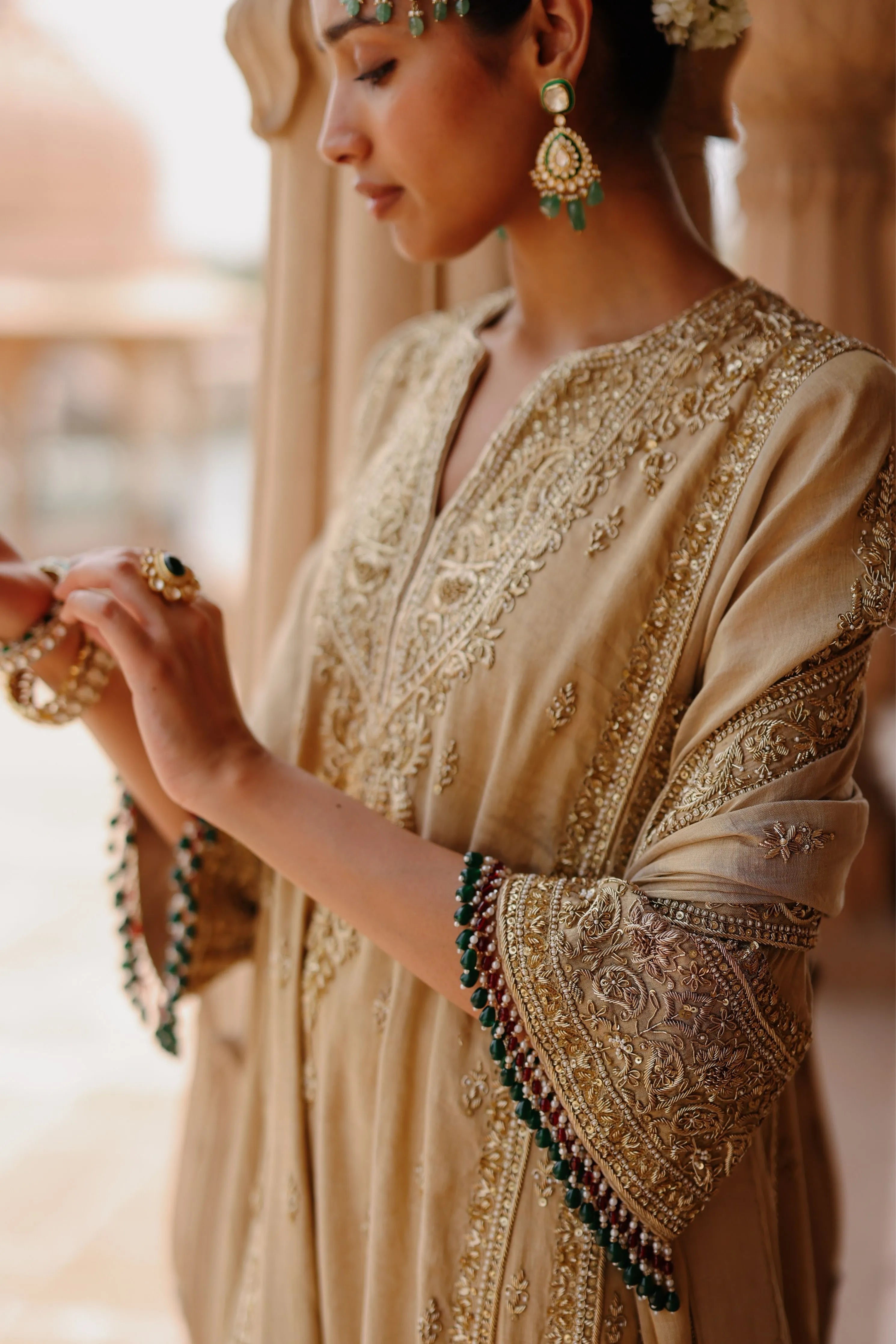 Nazaara Gold Tissue Long Kalidaar Chauga Set with Palazzo & Dupatta