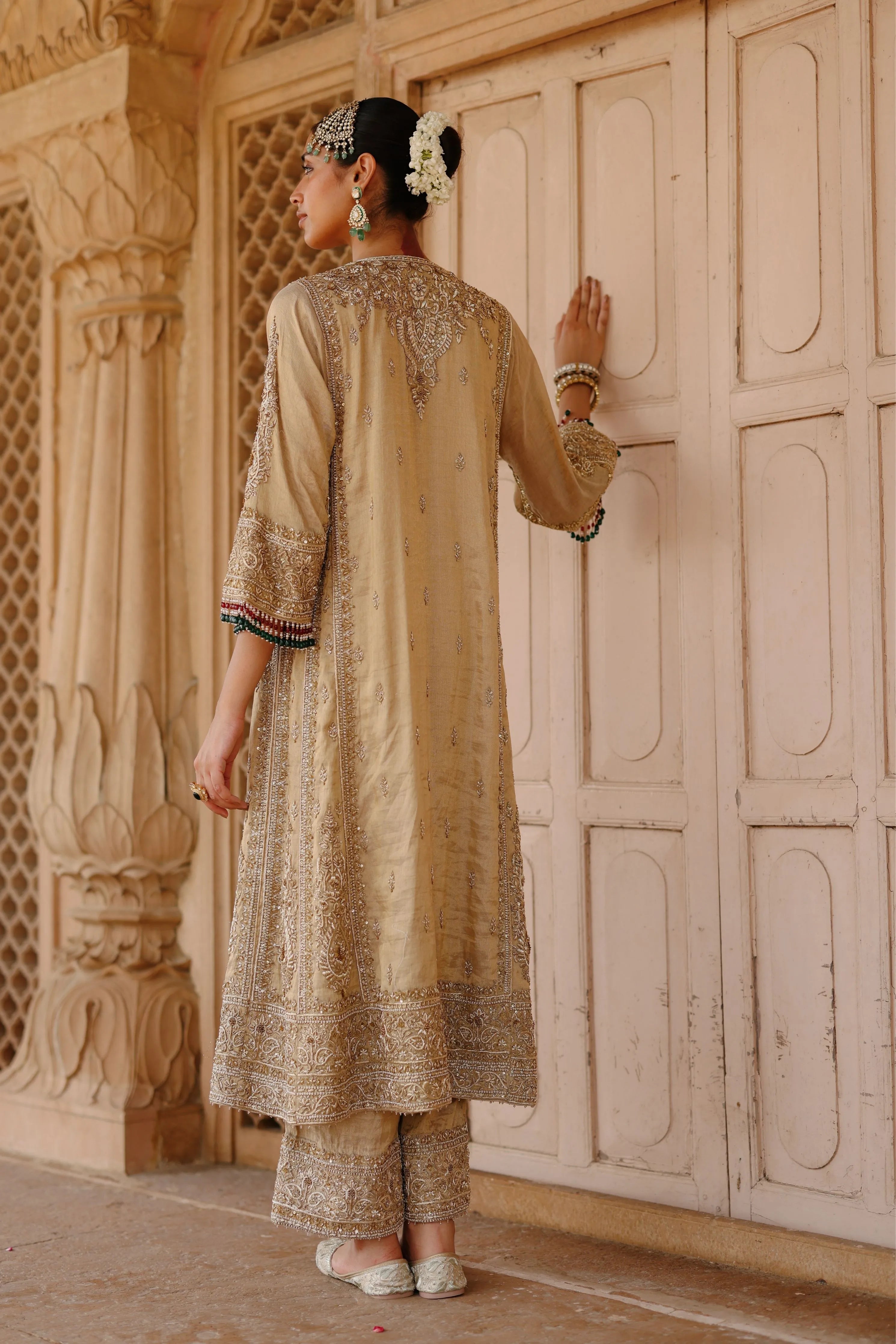 Nazaara Gold Tissue Long Kalidaar Chauga Set with Palazzo & Dupatta