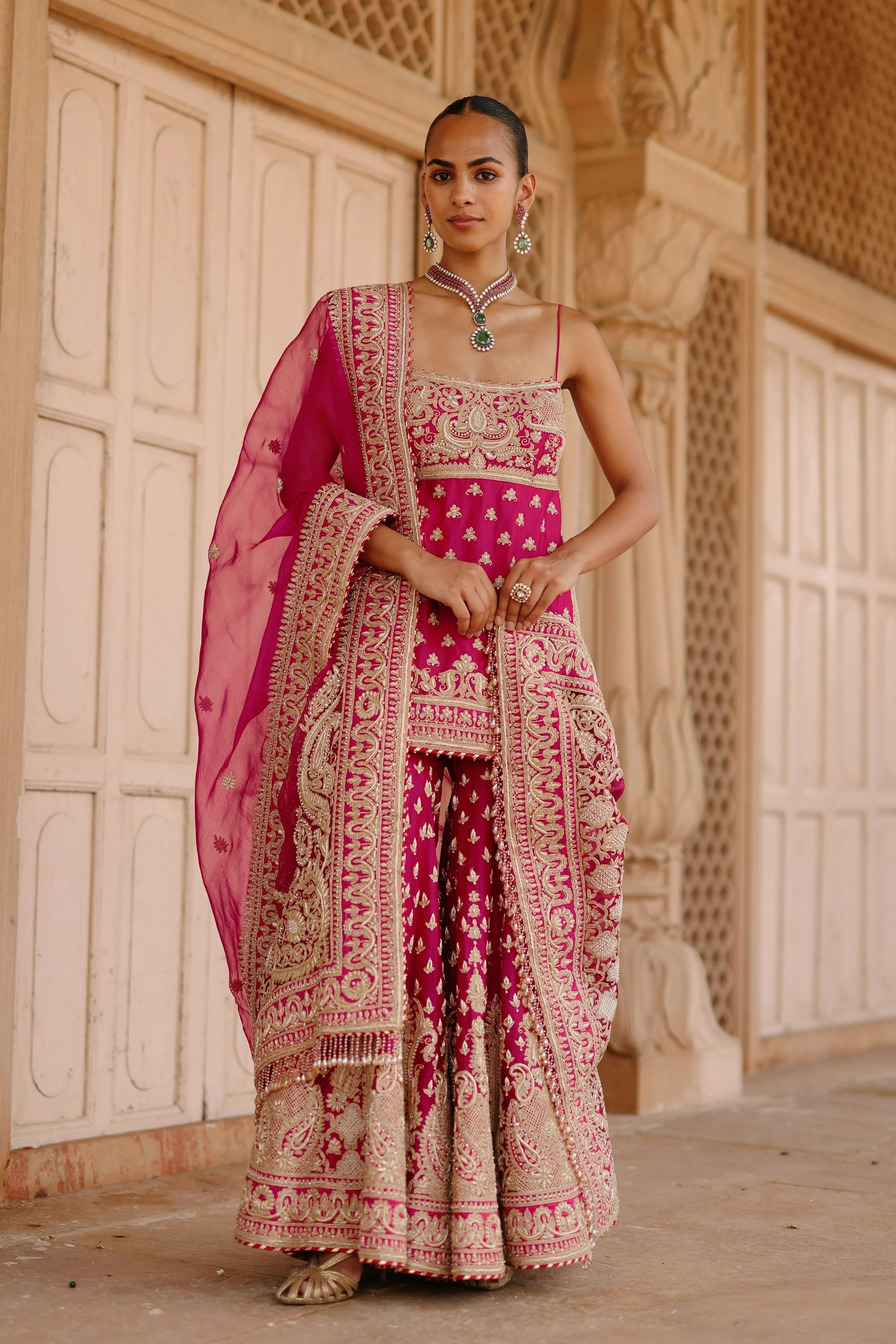 Nisbat Hot Pink Kurta Set with Garara & Dupatta
