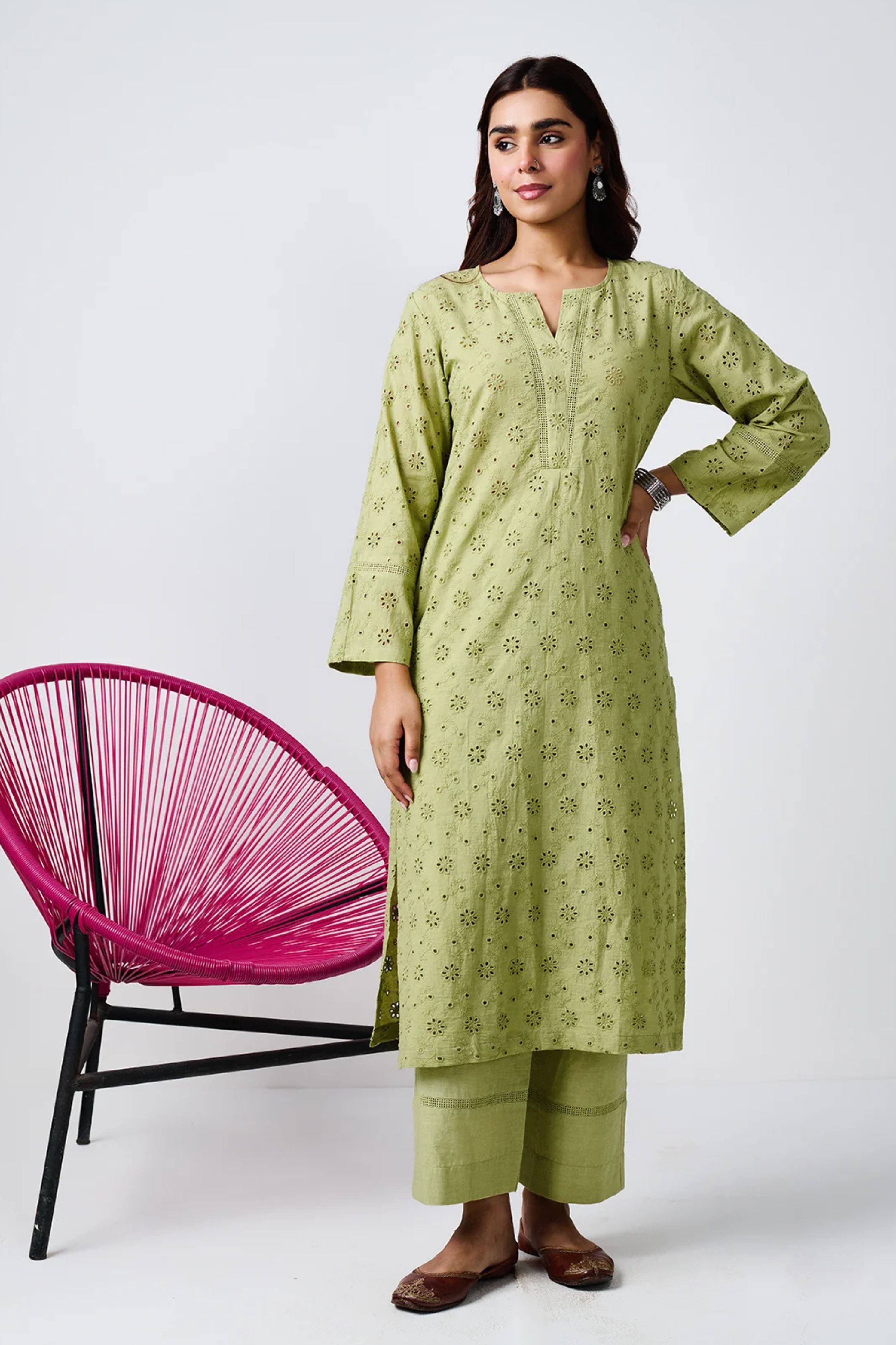 Noor Sage Green Shifli Cotton Kurta Set