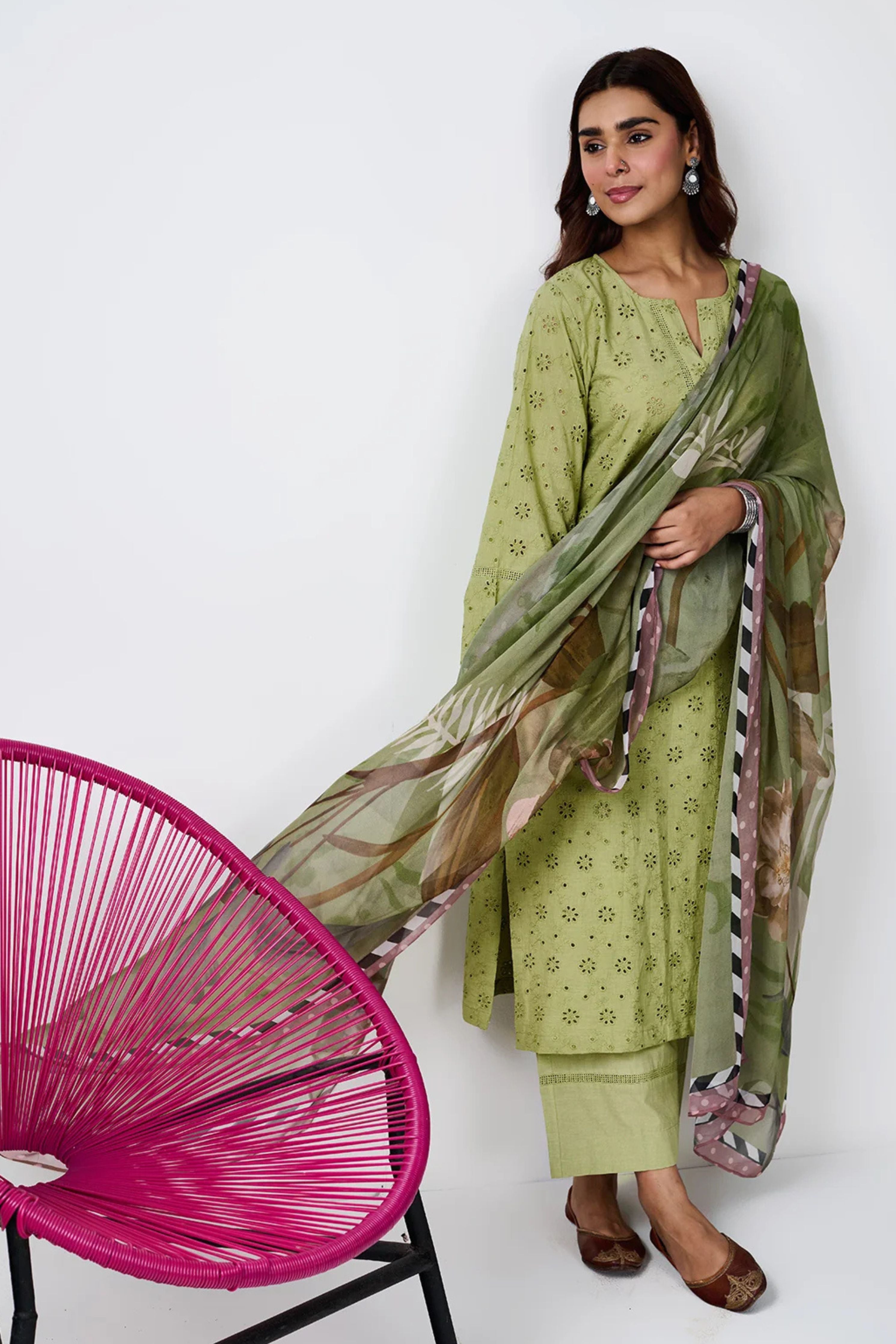 Noor Sage Green Shifli Cotton Kurta Set