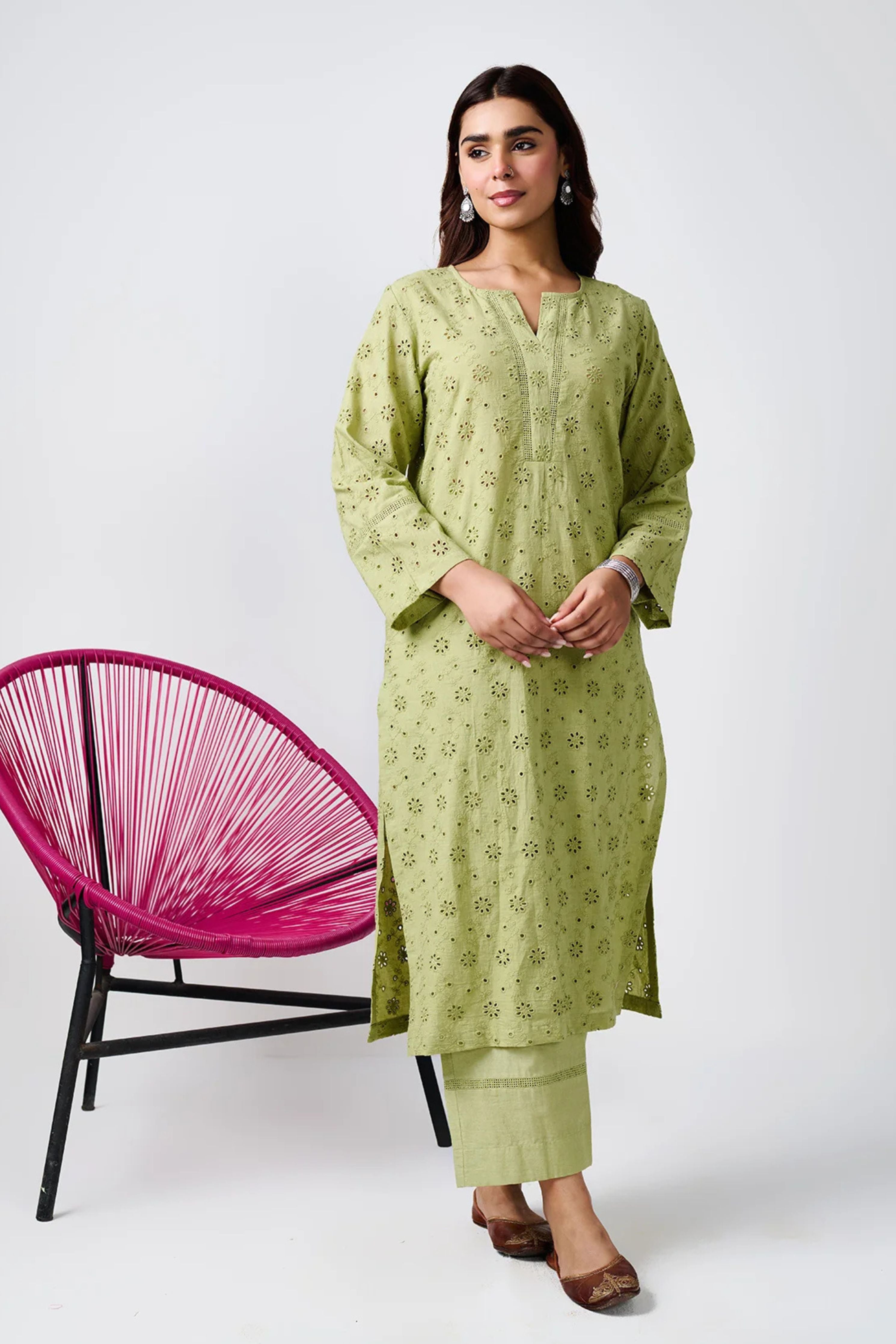 Noor Sage Green Shifli Cotton Kurta Set