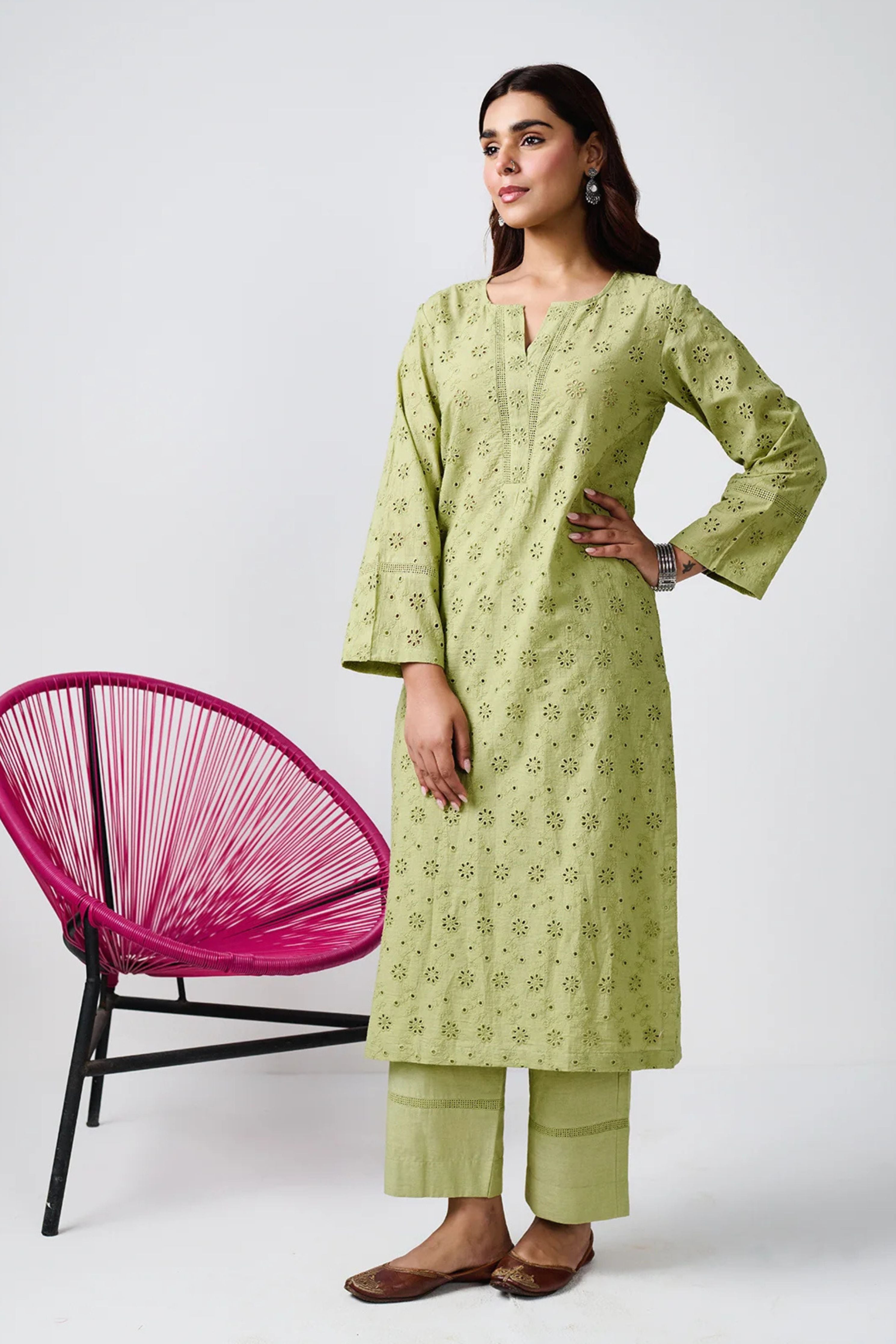 Noor Sage Green Shifli Cotton Kurta Set