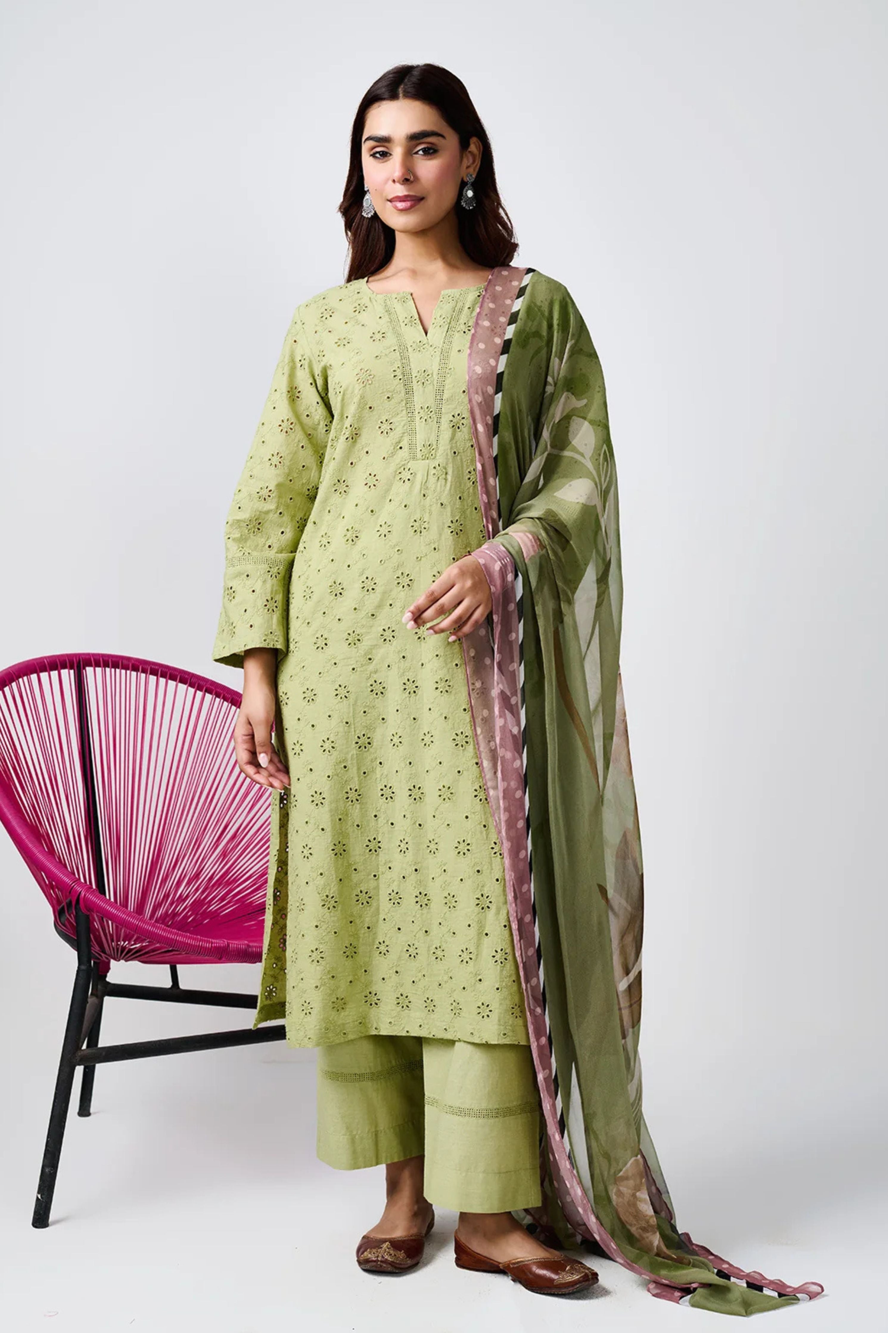 Noor Sage Green Shifli Cotton Kurta Set