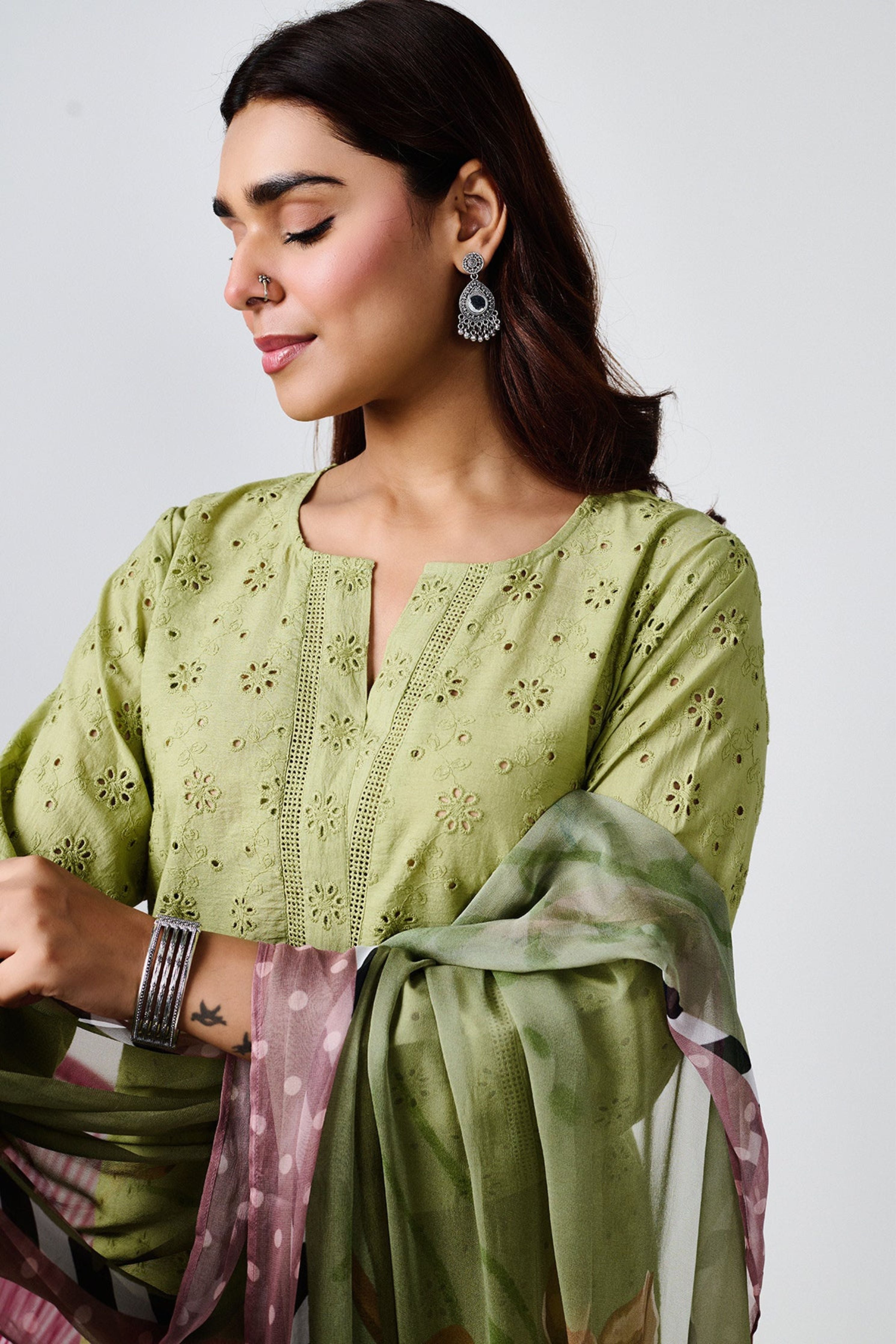 Noor Sage Green Shifli Cotton Kurta Set