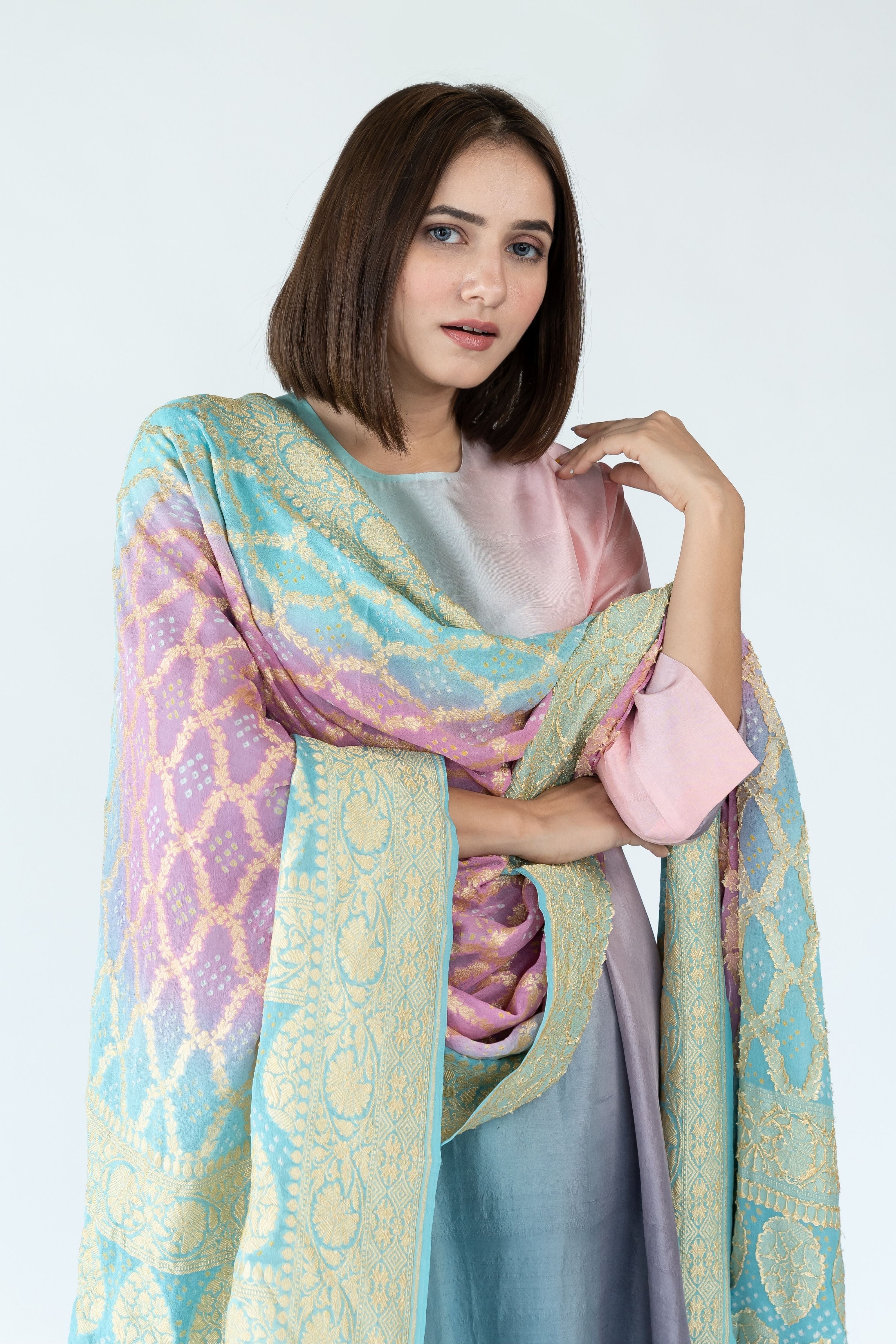 Blue Mauve Grey Zari Kurta Set