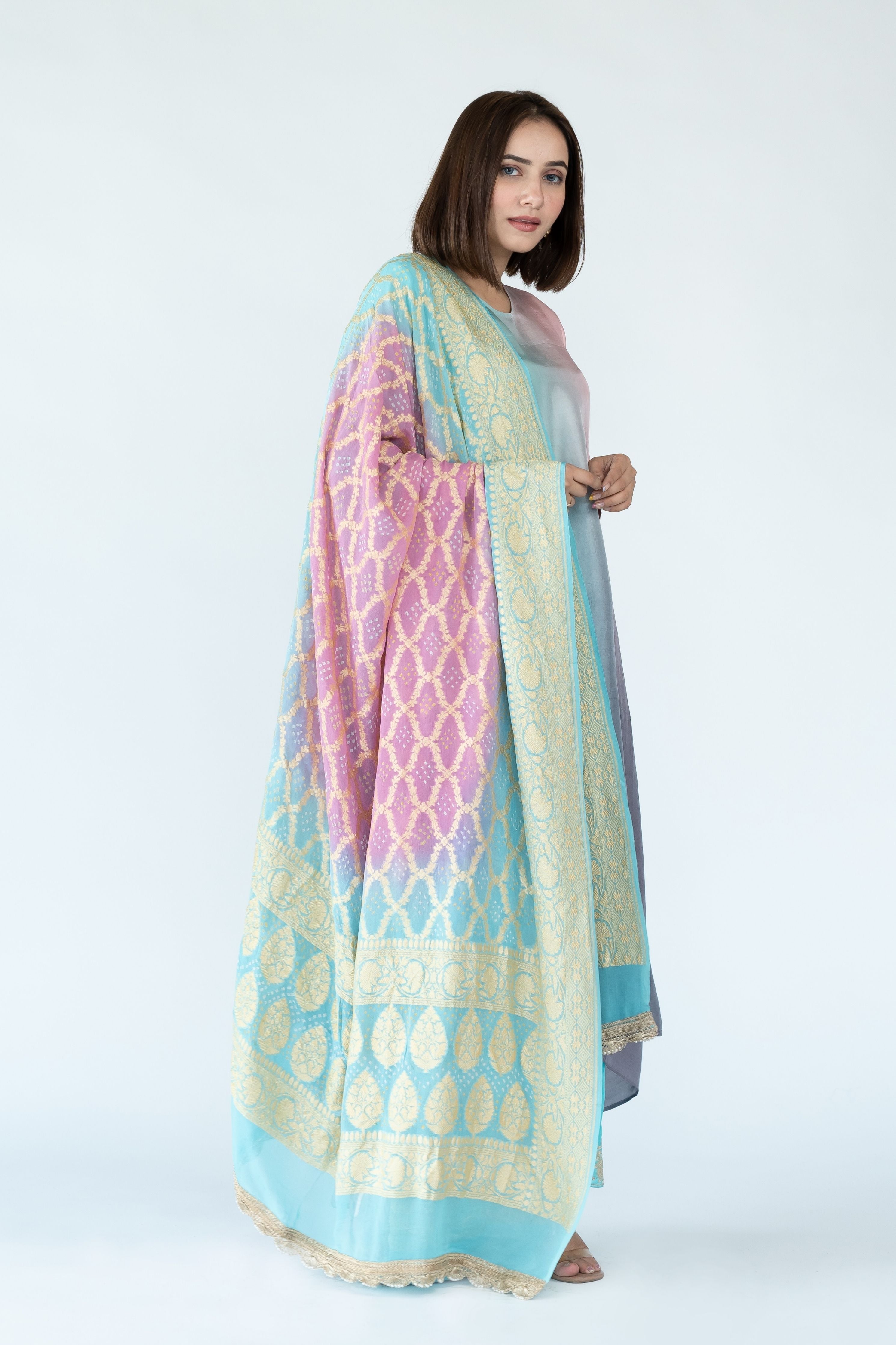 Blue Mauve Grey Zari Kurta Set