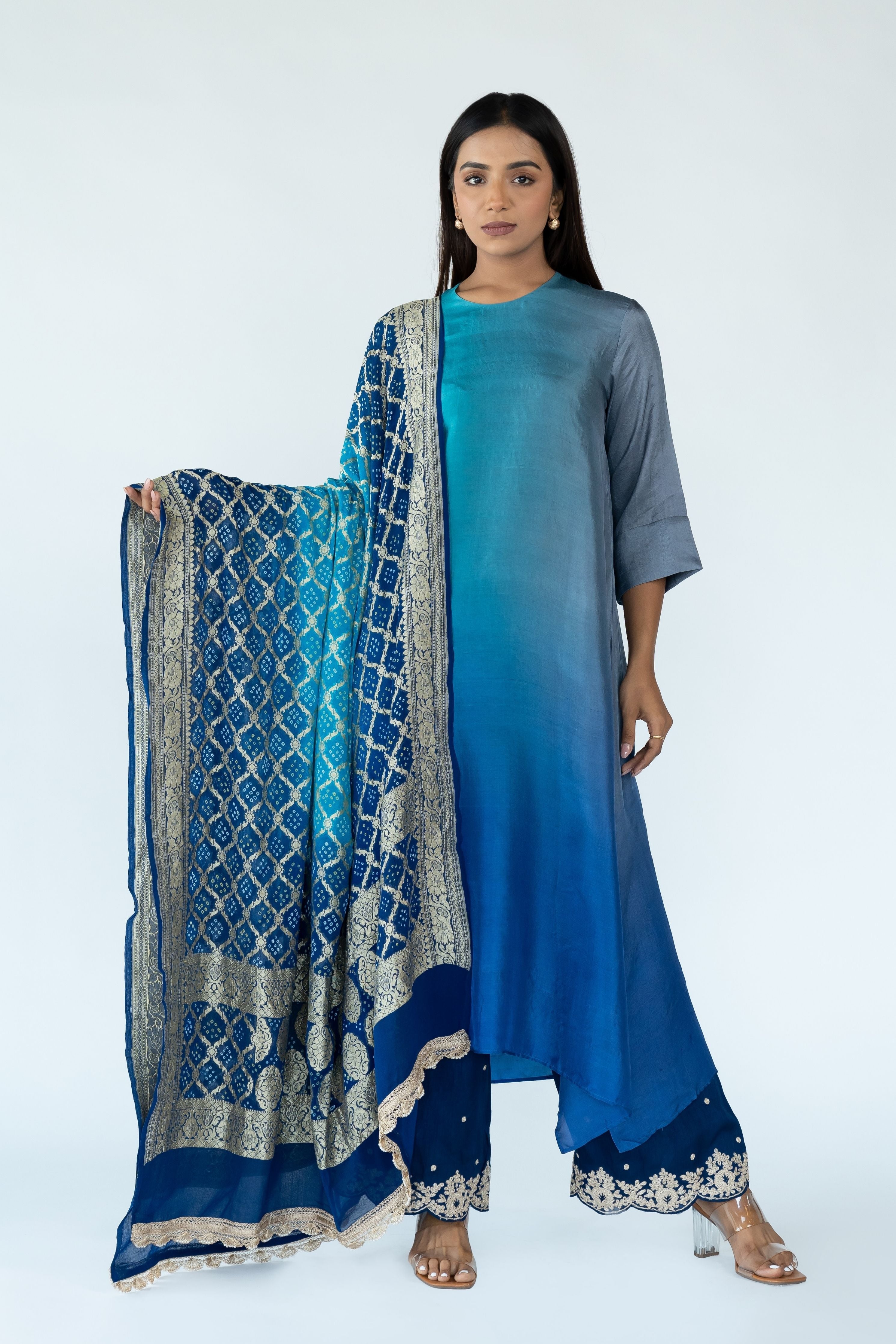 Firozi Grey Zari Kurta Set