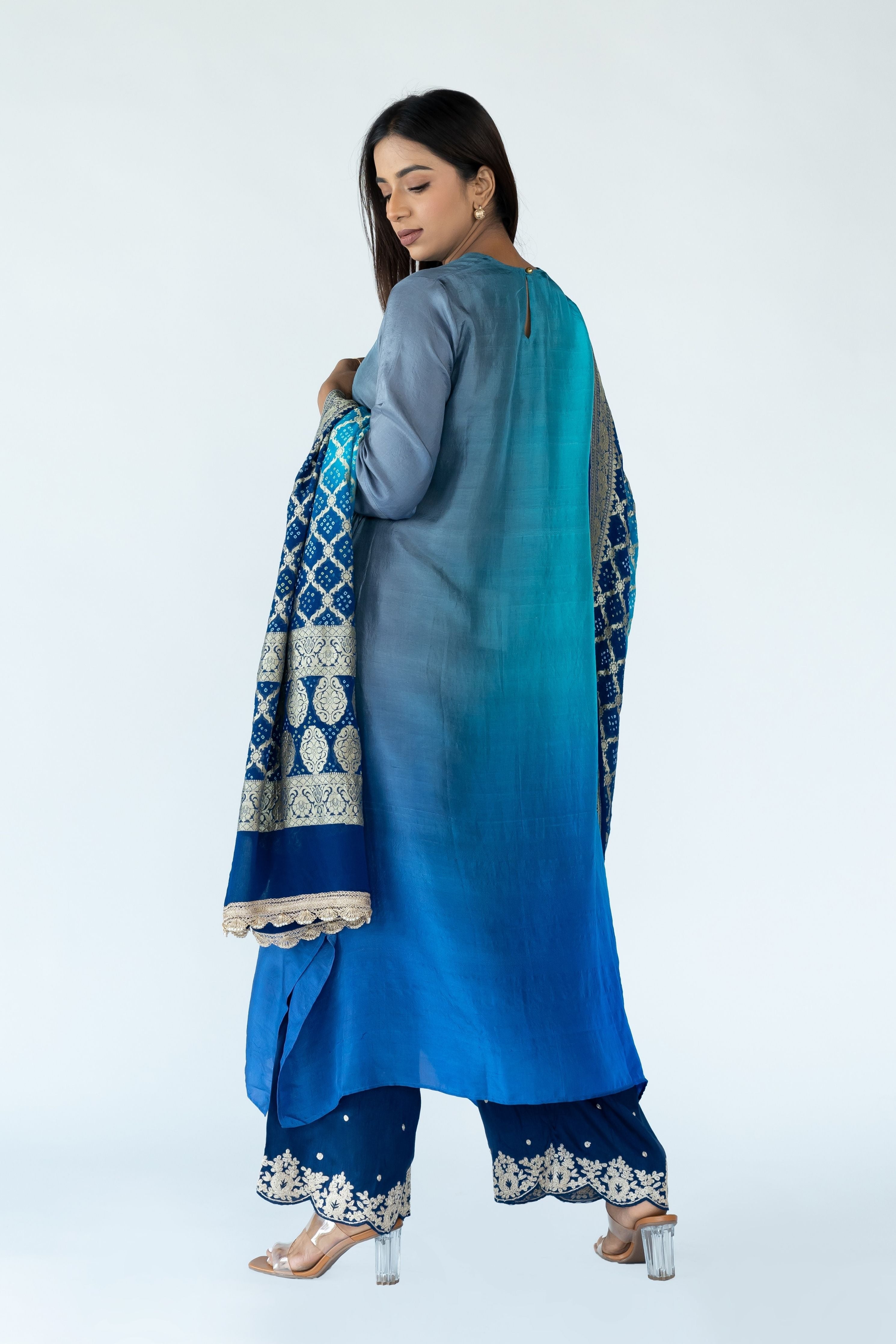 Firozi Grey Zari Kurta Set