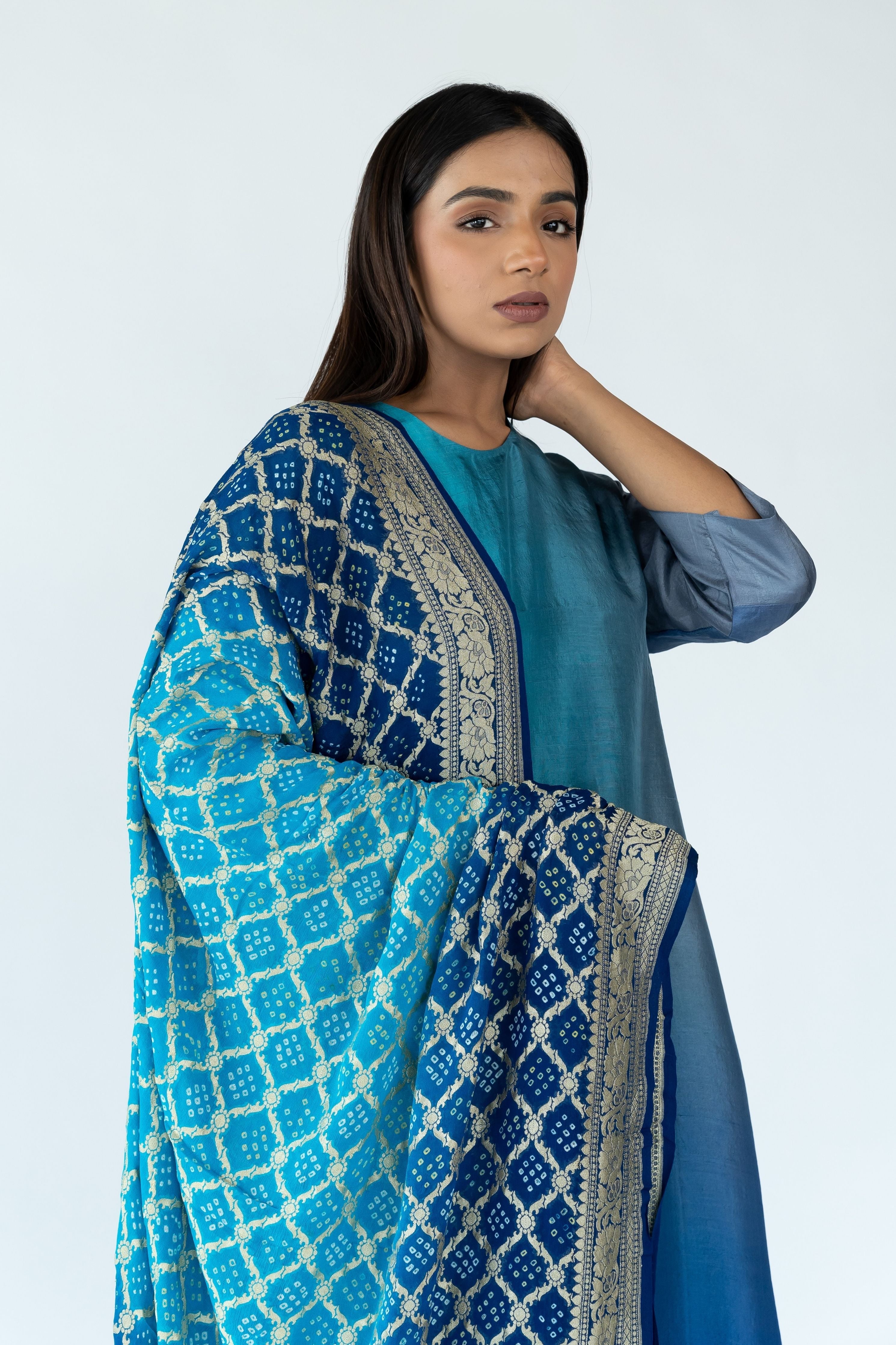 Firozi Grey Zari Kurta Set