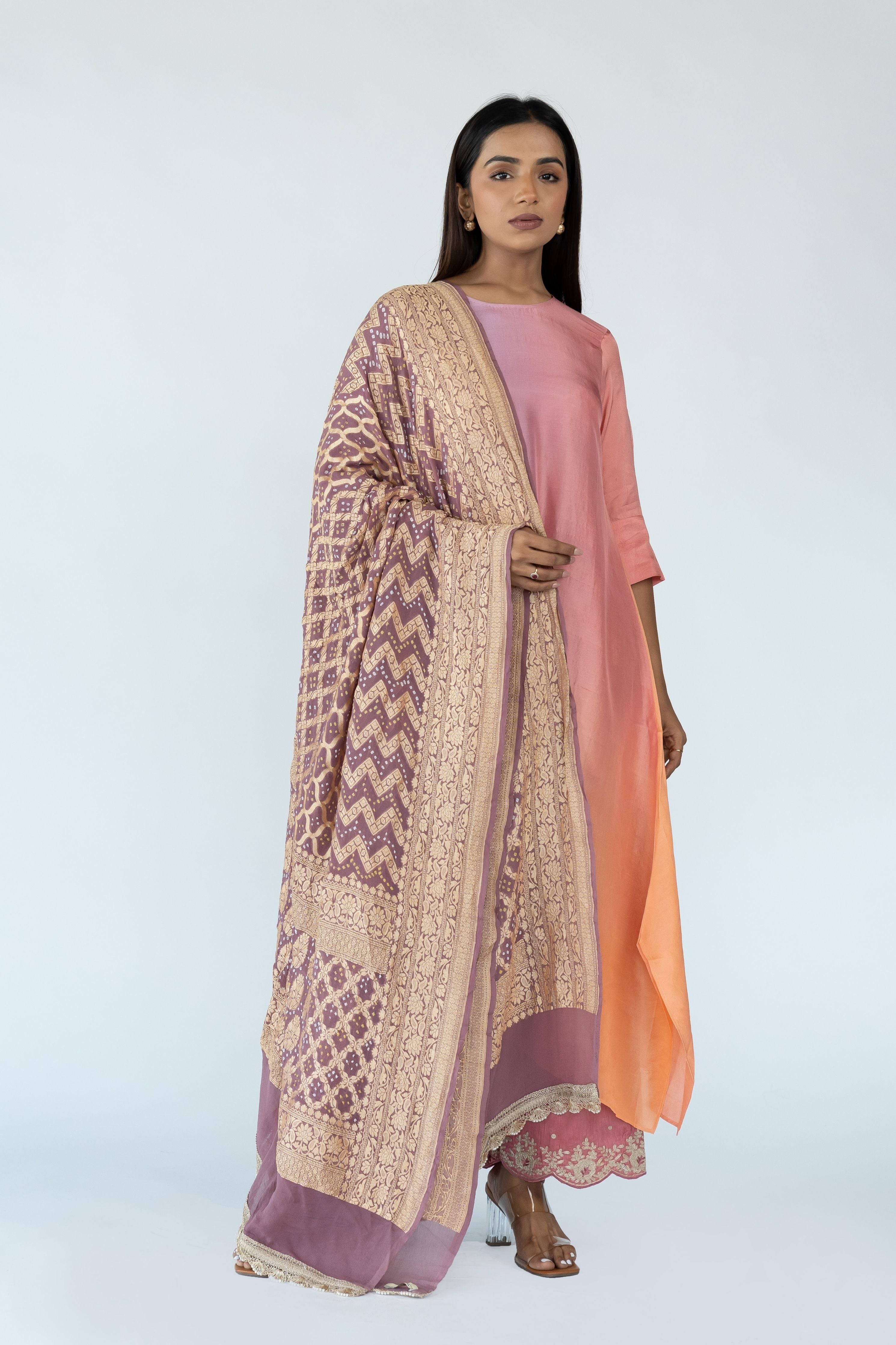 Grey Peach Zari Kurta Set