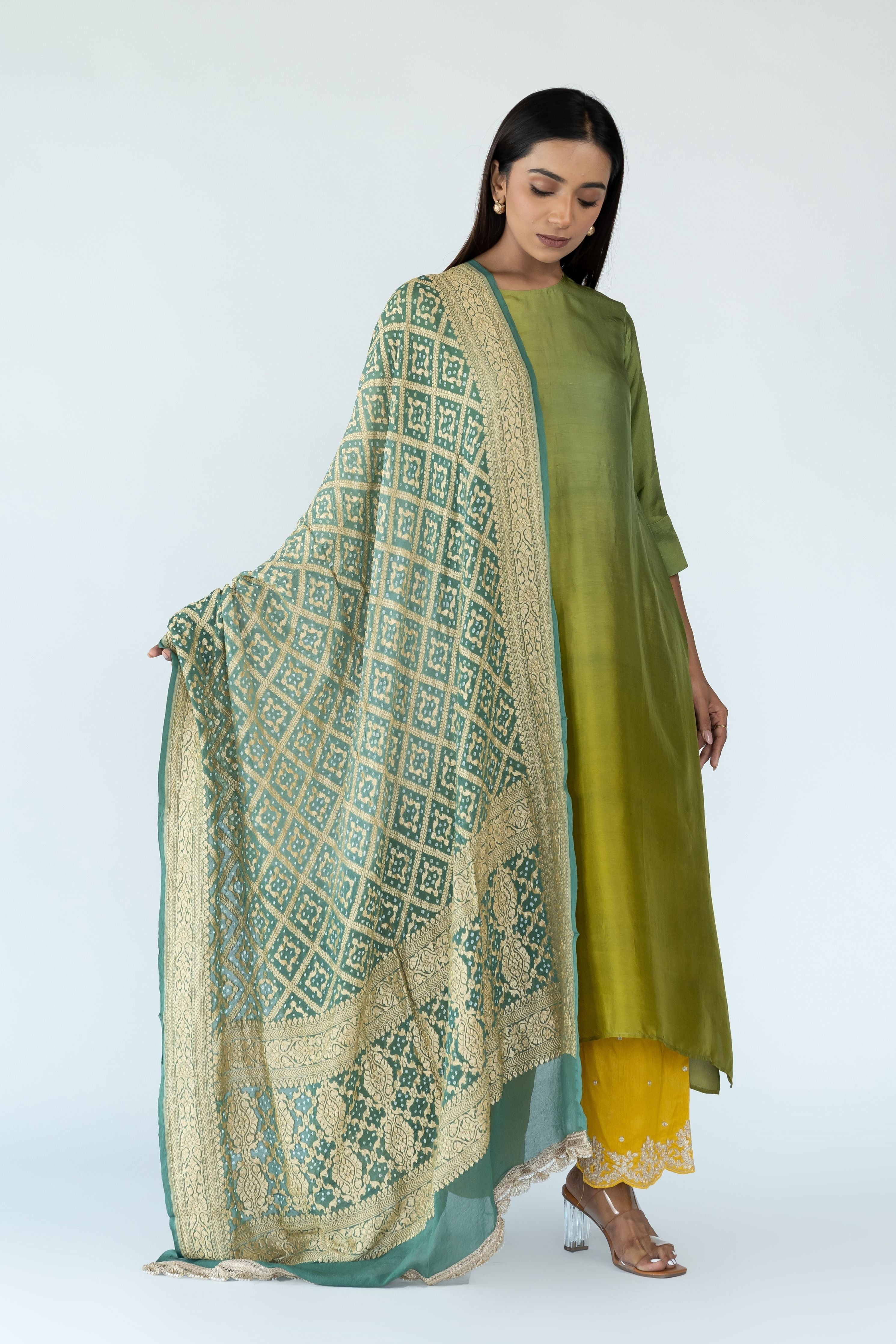 Sage Mustard Zari Kurta Set