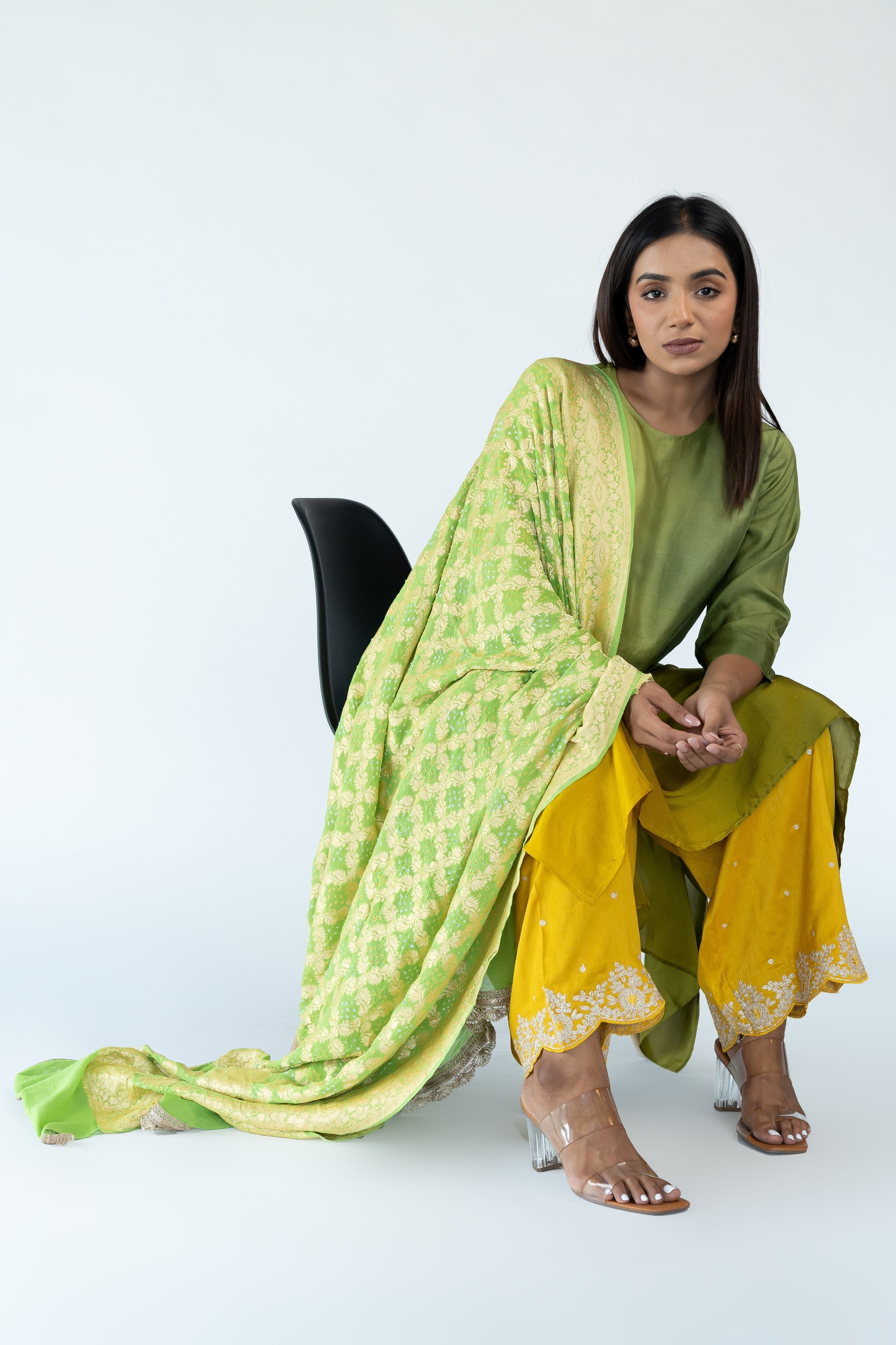 Sage Mustard Zari Kurta Set